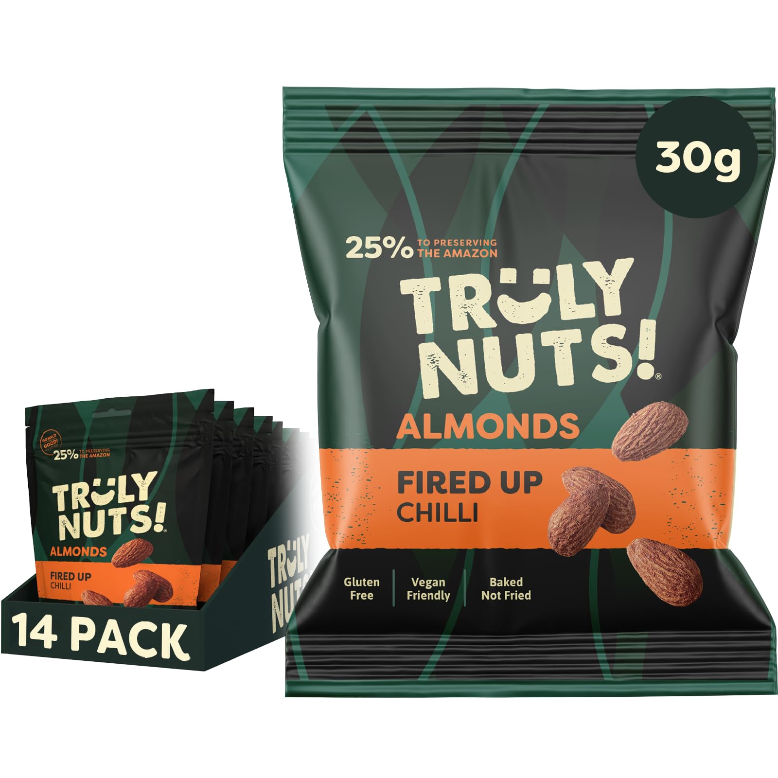 Truly Nuts! Fired Up Chilli Almonds, 30G, Pack of 14 - Baked Almonds with Spicy Seasoning, Gluten Free, High Fibre, High Protein Vegan Snack, Healthy Snacks for Adults