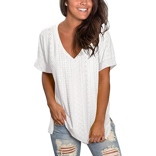 SAMPEEL Women's V Neck T Shirts Casual Rolled Short Sleeve Side Split Summer Tops Loose Fit