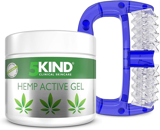 5kind Massage Kit - Handheld Manual Massager & Hemp Active Gel 300ml - High Strength Hemp Oil Formula - Soothe Sore Muscles, Back, Feet, Knees, Neck, Shoulders