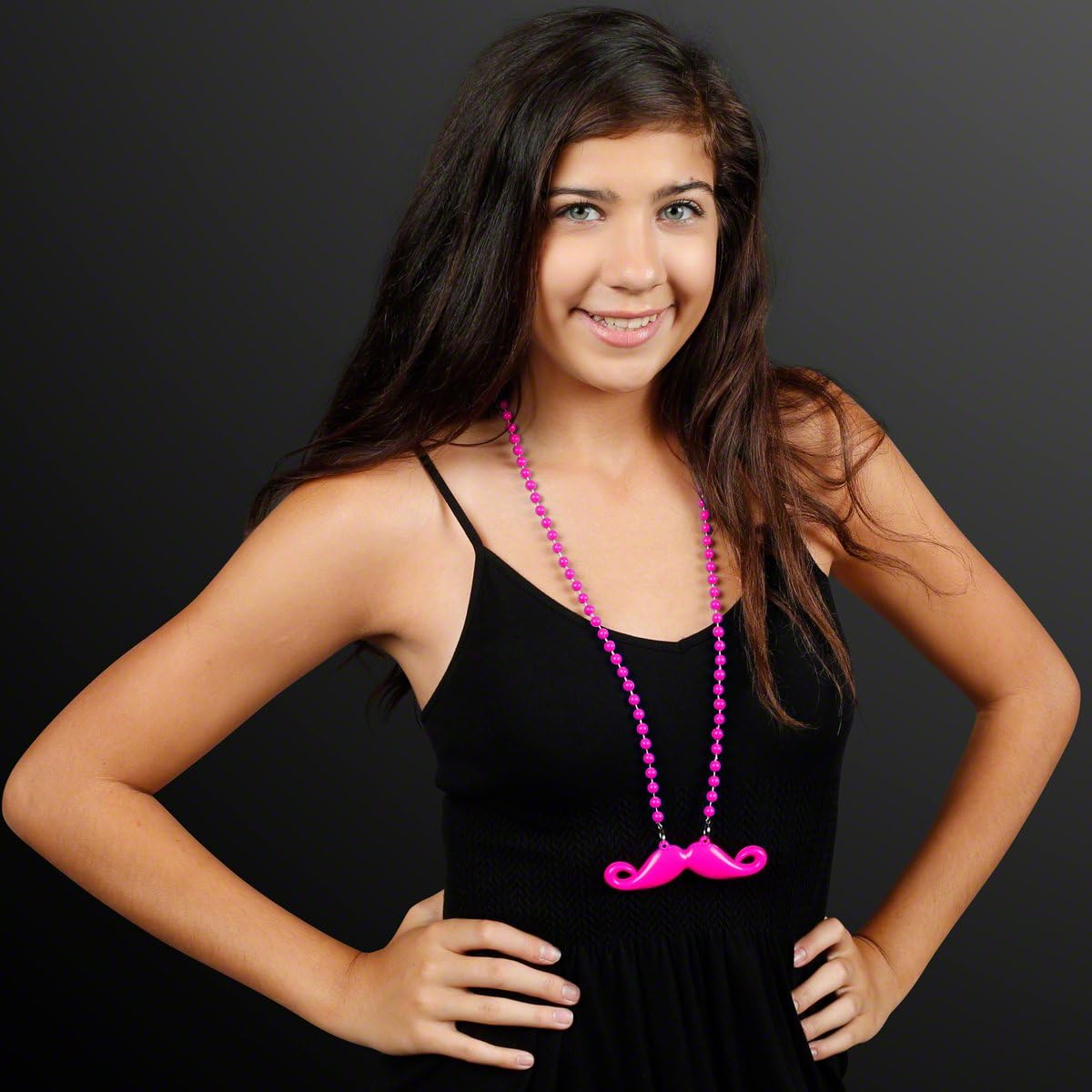 FlashingBlinkyLights Pink Mustache on Mardi Gras Beads Necklaces (Non-Light Up) (Set of 48)