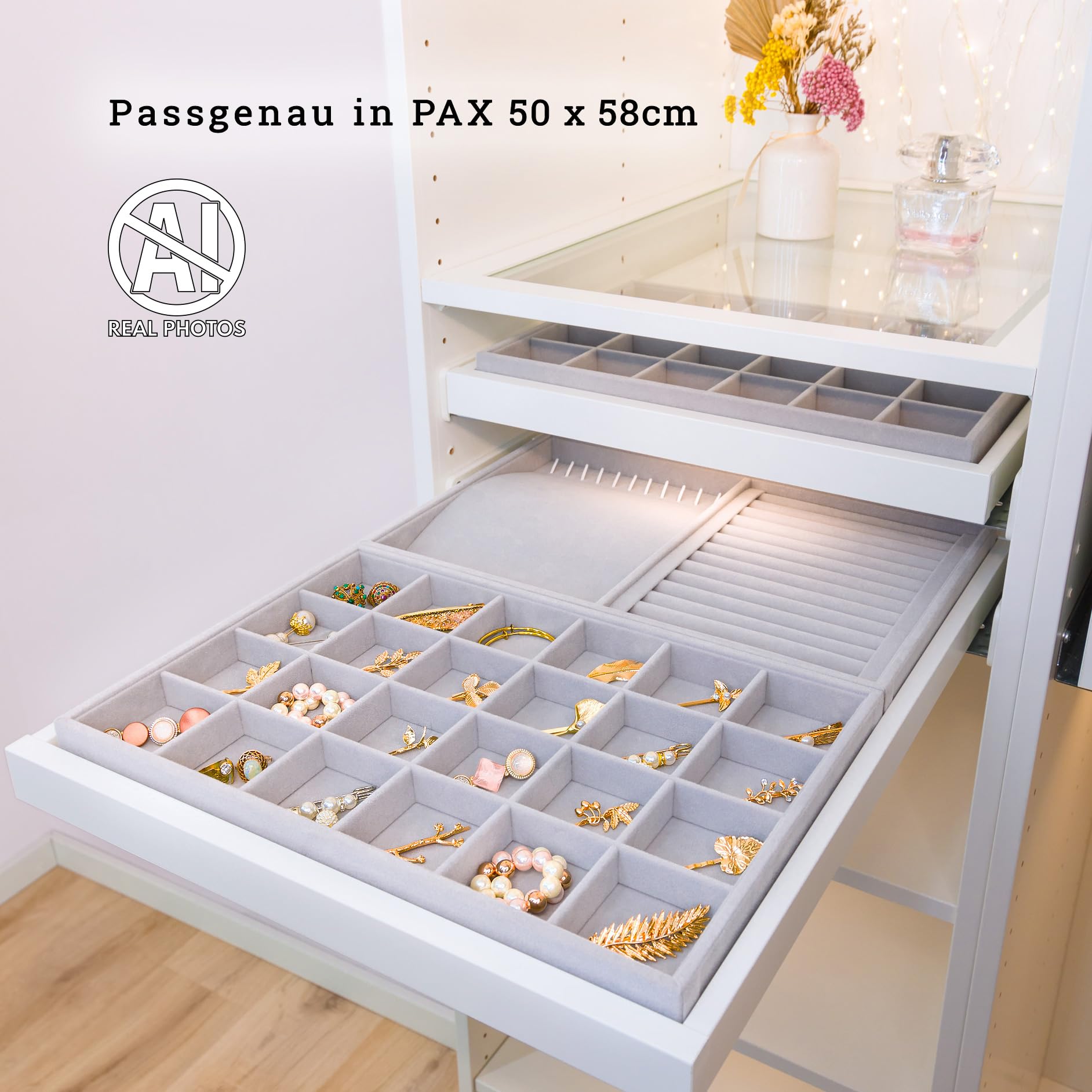 SIMPLE JOY PAX50 Schmuckeinsatz für Ikea PAX 50x58cm Ausziehboden maßgeschneidert, Schmuck-Organizer 2er Set, Samt Velours, silbergrau, 2. WAHL SONDERVERKAUF RESTPOSTEN Fashion