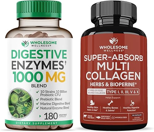 Wholesome Wellness Suplemento de prebióticos y probióticos para enzimas digestivas de 1000 mg + píldoras superabsorbentes de colágeno múltiple (tipo