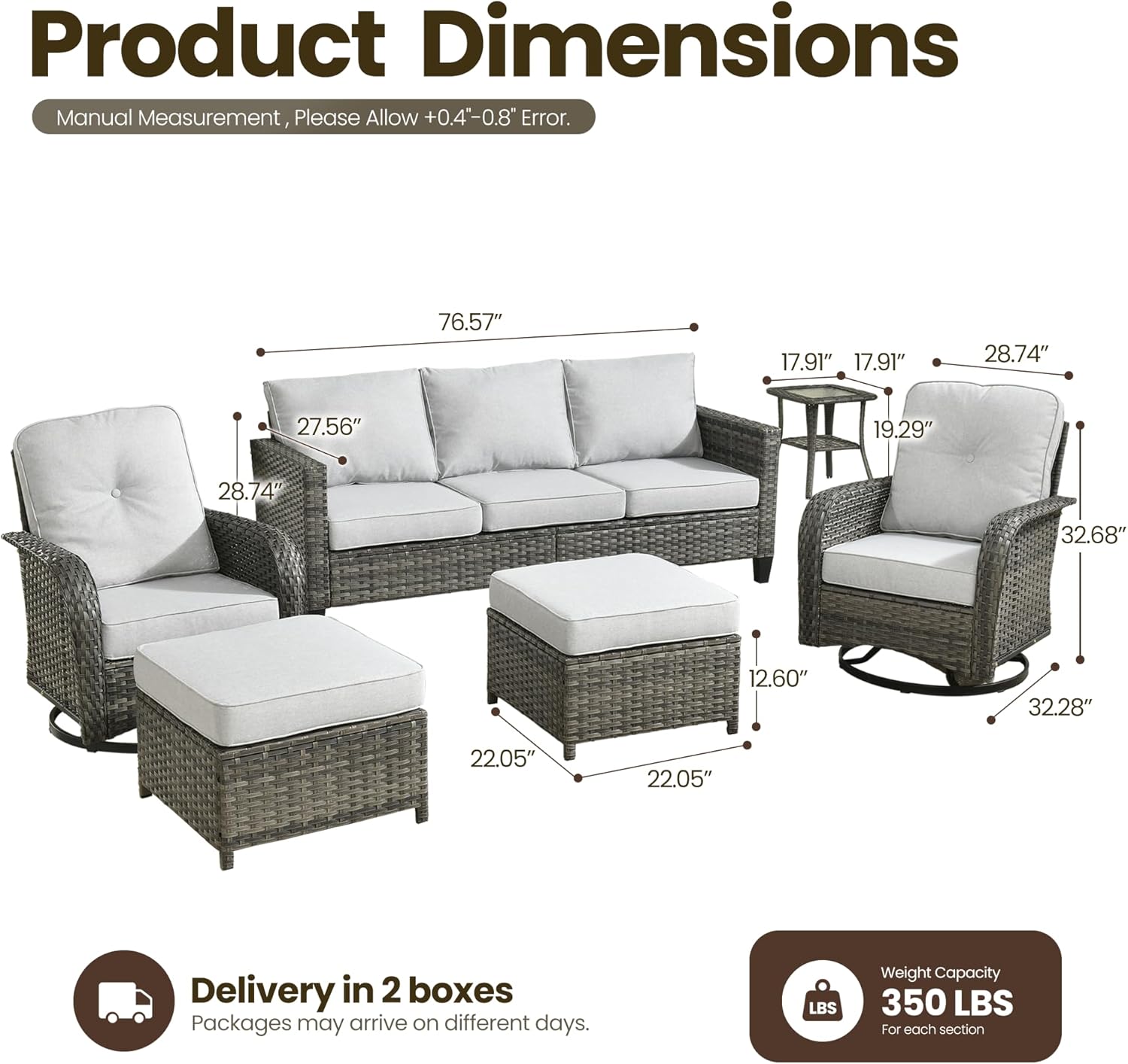 6 Pieces Wicker Patio Furniture Set, High Back Swivel Rocker Chairs Deep Seat Sofa Solar Lights Coffee Table, Modern Outdoor Conversation Sets for Porch Deck Balcony, Gray