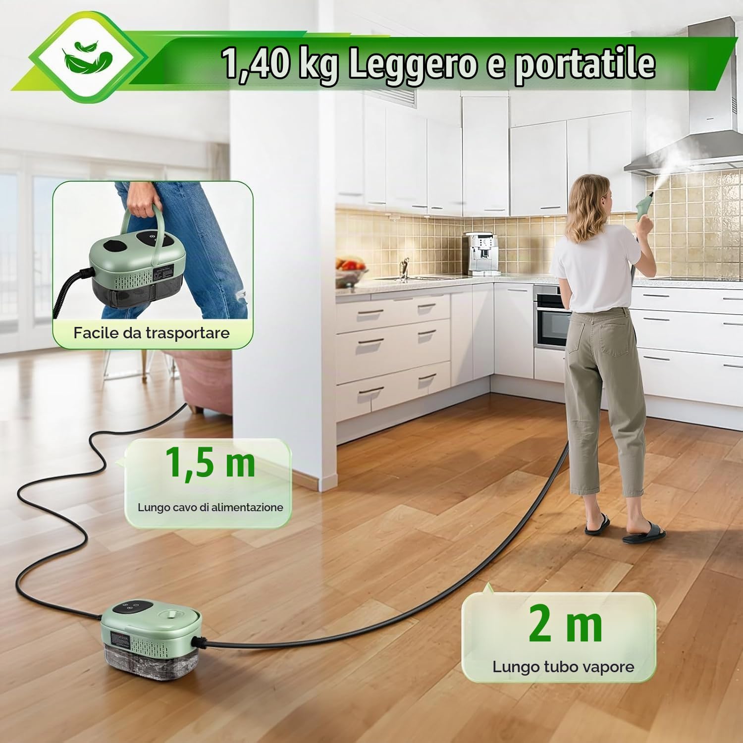 Pulitore a Vapore,2500W Pulizia a Vapore Portatile con 11 Accessori di Spazzole 1100 ML di Serbatoio Dell'acqua, Vaporetto Portatile di Mobili Lmbottiti per Mobili da Cucina, Bagno, Auto,Divano
