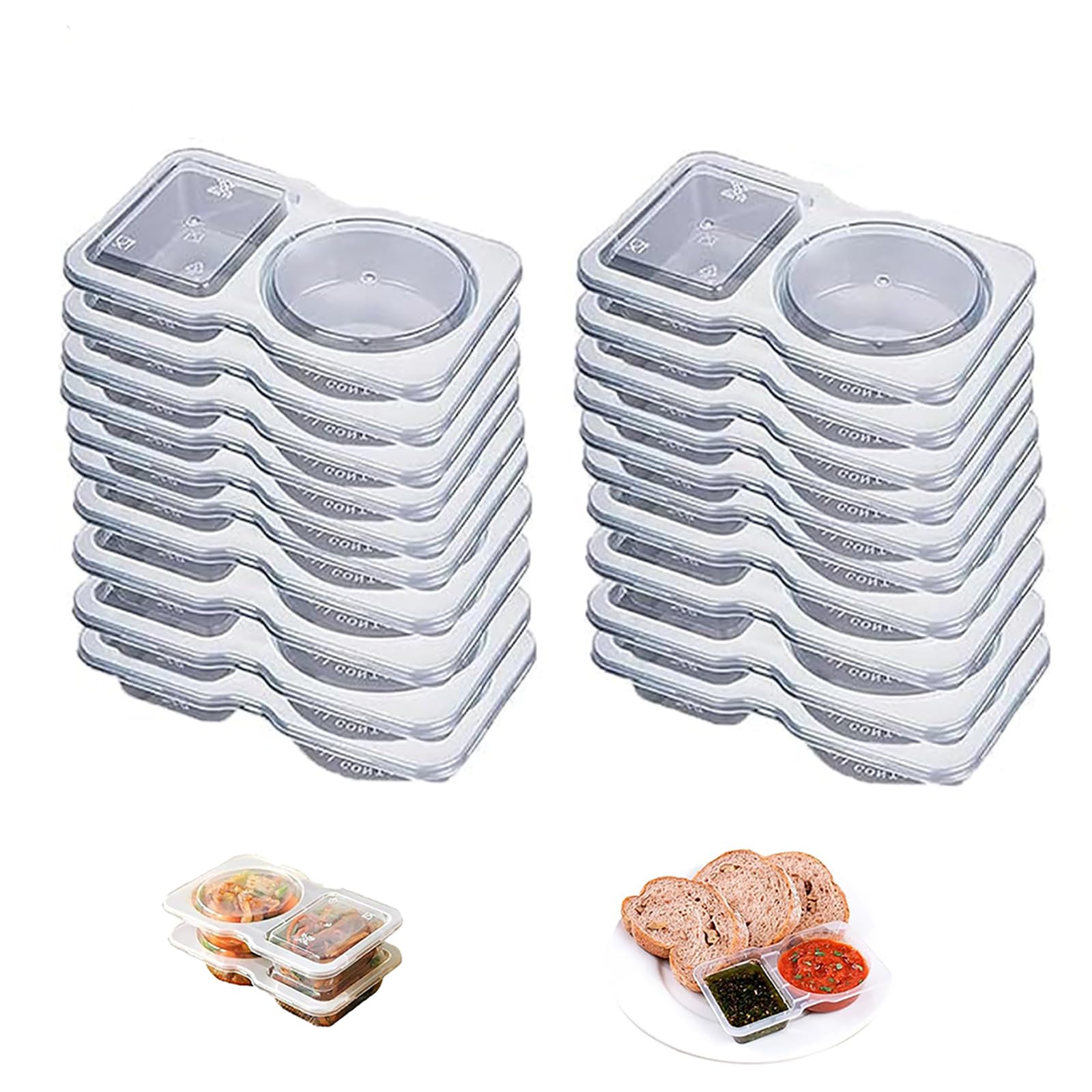 Xiantian Transparent 10Pcsreusable Snack Containers, Double Compartment Snack Pots With Lids,Thickened And Portable Sauce Condiment And Dip Containers For Picnic/Work Lunch (50)