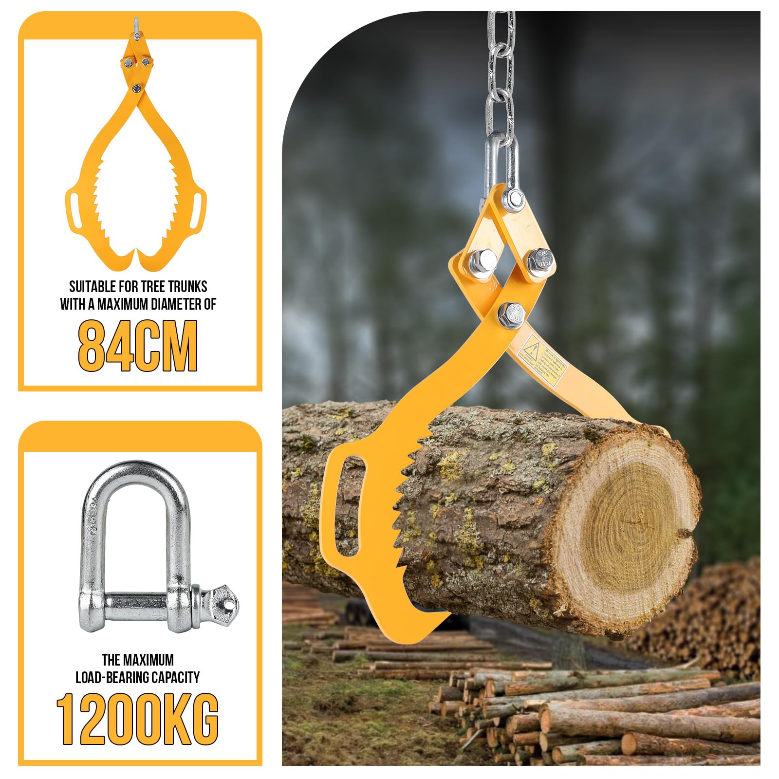 SWAWIS Pince a Bois Forestier pour Troncs en Acier Allié, Pince de Levage pour Grumes pour Bûches Jusqu'à 740mm, Capacité de Chargement : 1200Kg, Grappin Lourd Griffe à Bois(Jaune)