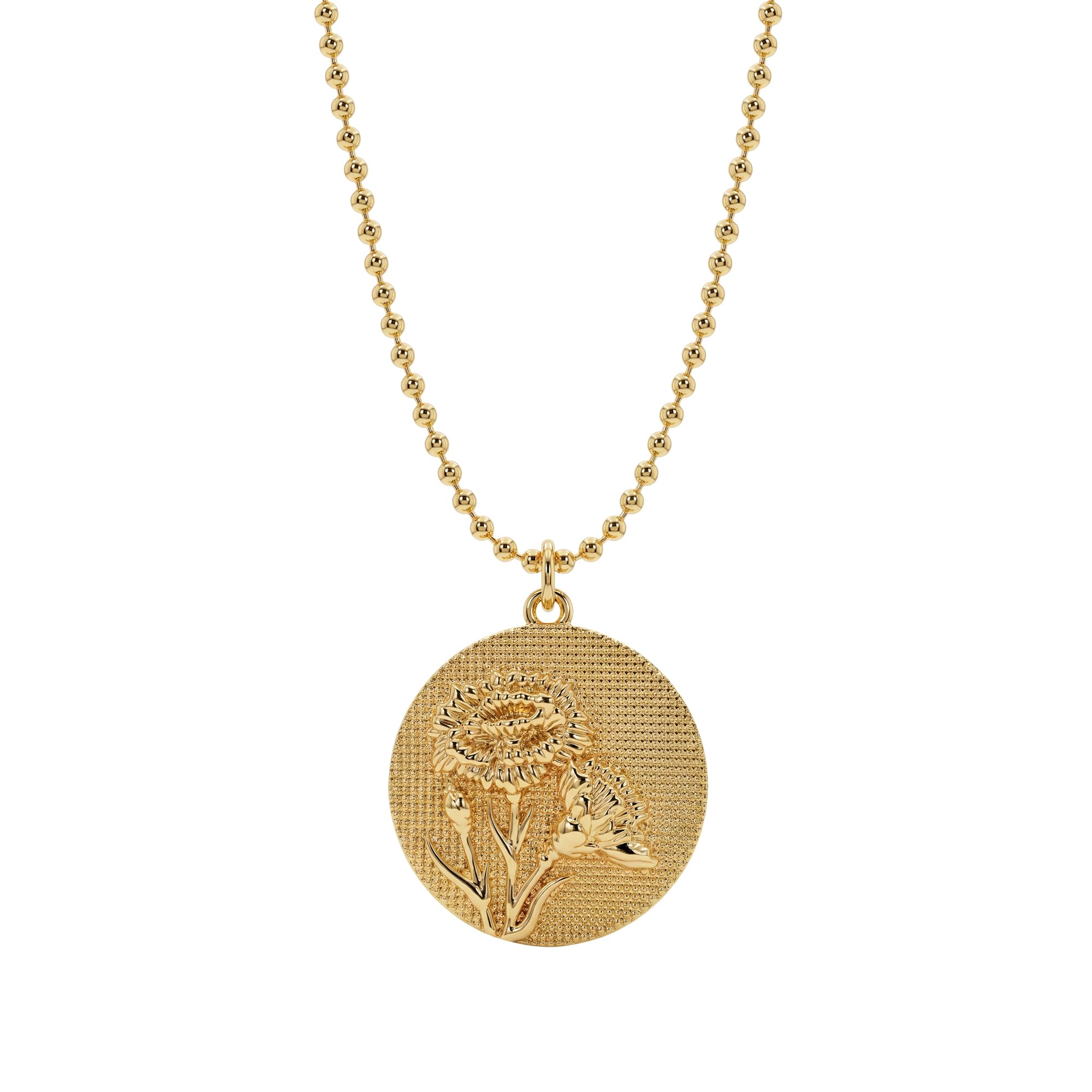 MEVECCO Gold Birth Flower Coin Necklace for Women 12 Month Flower Pendent 18K Gold Plated with Beaded Chain Personalized Embossed Floral Disc Necklace