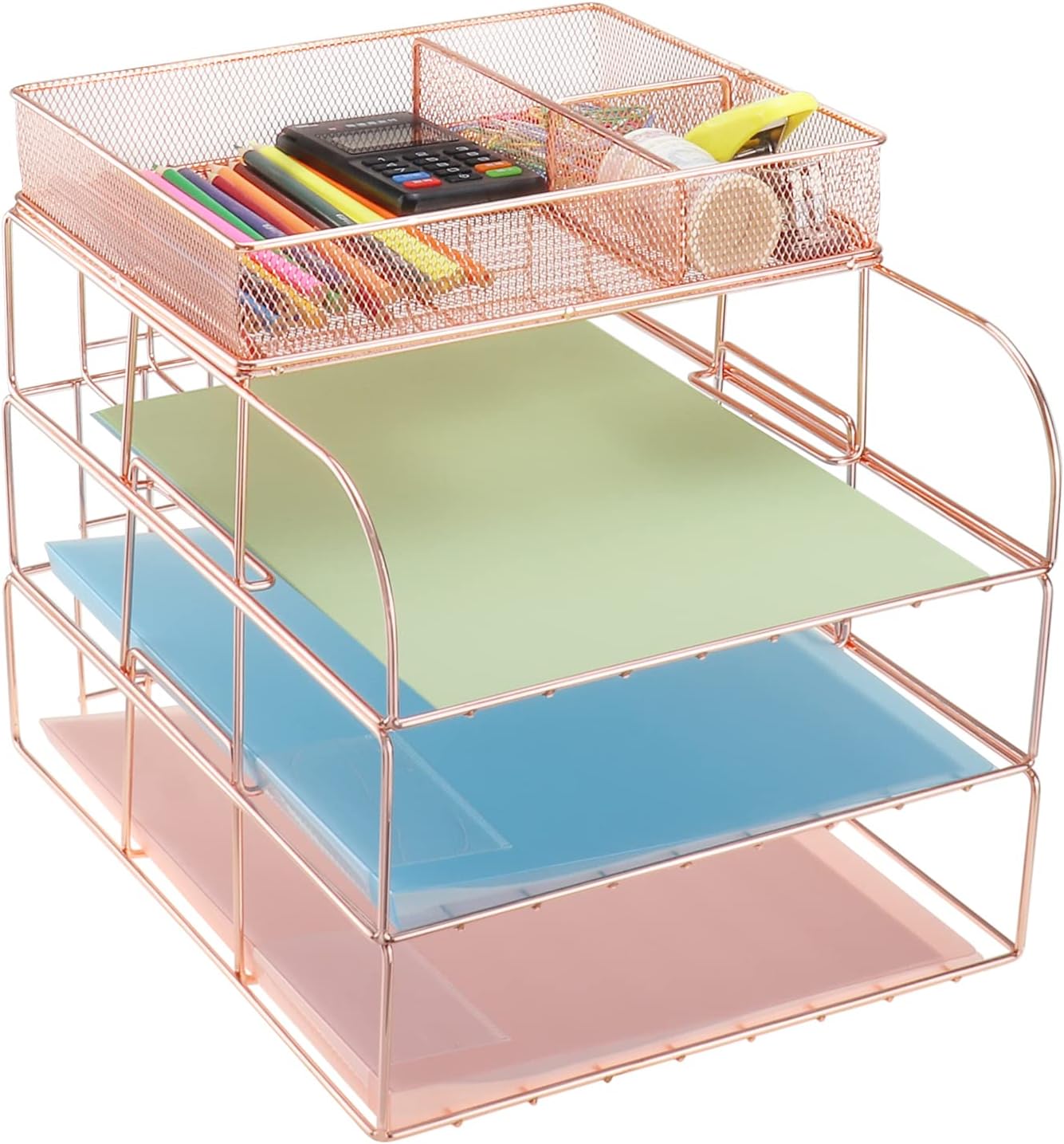 3-Tier Stackable Letter Tray with 3 Slots Upper Basket, Multifunctional Desk Organizer for Home Office School, Rose Gold (#4)