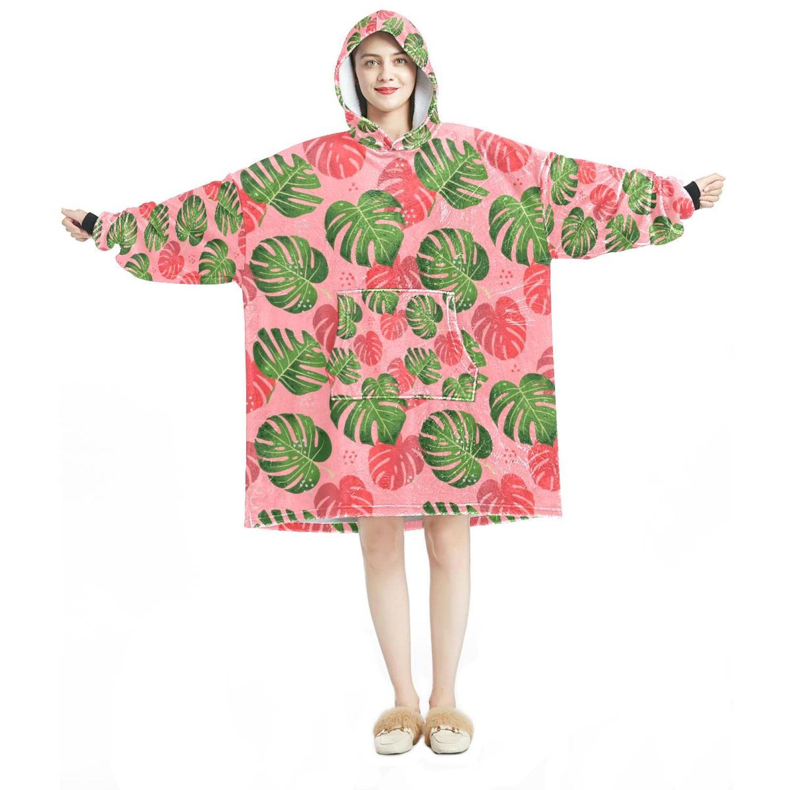 Manta con capucha, sudadera con capucha de gran tamaño, patrón de hojas de palma, verde y rosa, Varios colores, talla única