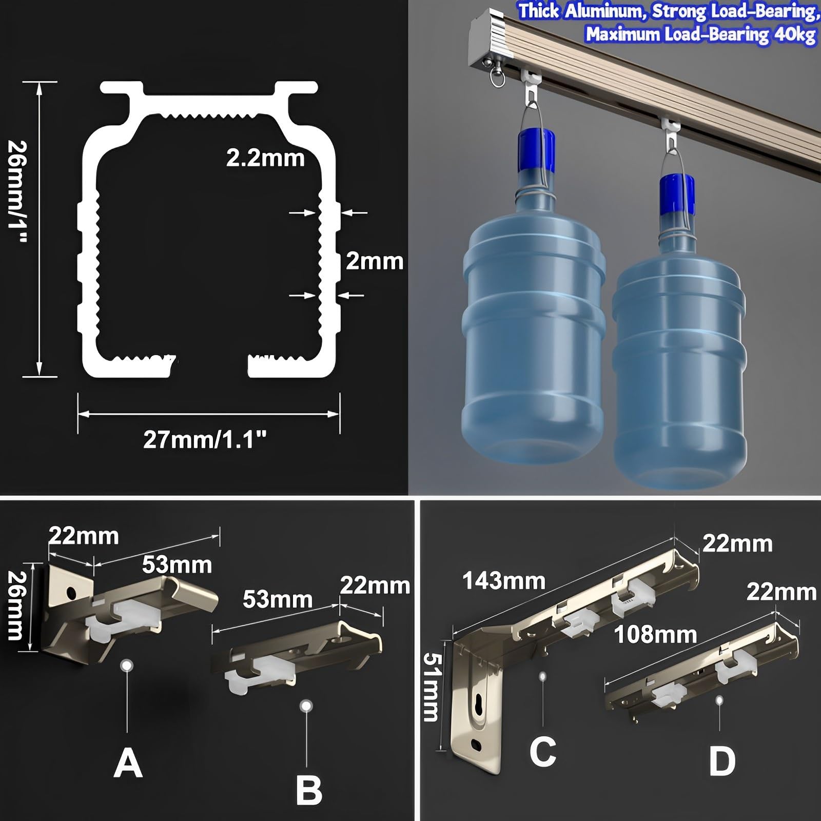 Luksusowa szyna do zasłon ze stopu aluminium, (1 m/3,2 stopy - 6 m) karnisze, system karnisza do montażu na suficie/ścianie, do salonu sypialni rozdzielacz pokoju (kolor: szampański C, rozmiar: 5 m/4