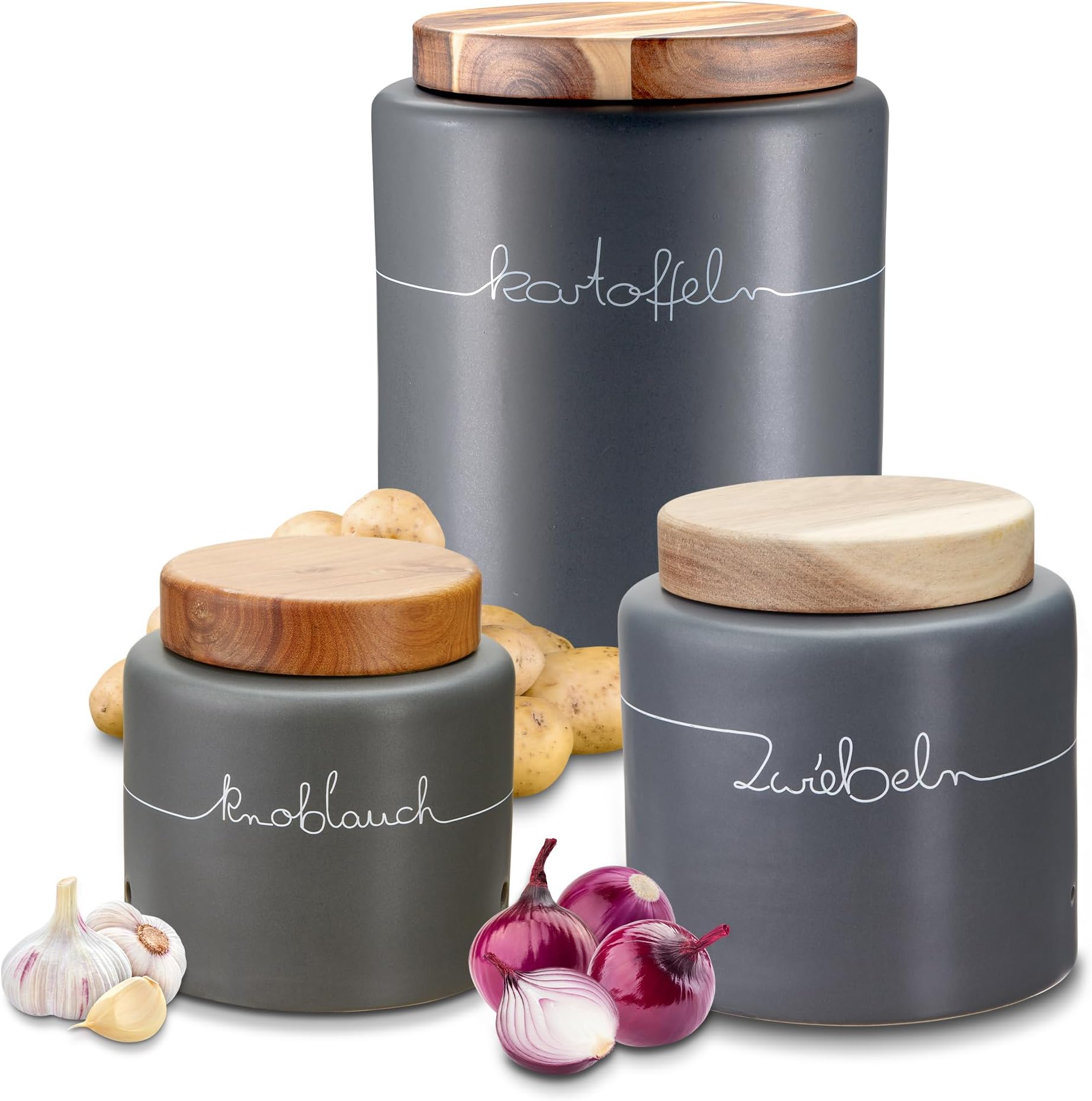 MamboCat Terracotta Tontöpfe VorratsdosenSet Kartoffel Zwiebel Knoblauch Töpfe Set mit Deckel I