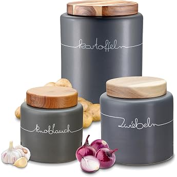 KHG Potato Onion Garlic Storage Set of 3 Ceramic Stoneware Polished Anthracite Grey Wood Lid Bamboo Decorative Lettering Capacity 3 L & 1.5 Litres