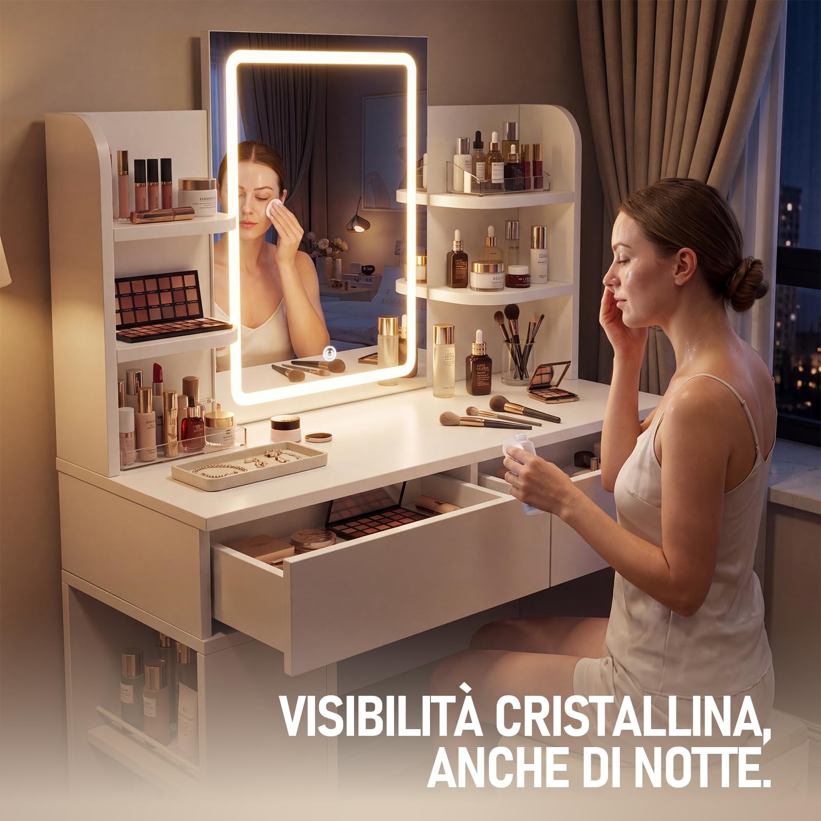 JUMMICO Toeletta con Specchio LED, Luminosità Regolabile, Tavolo da Trucco 90 cm con 2 Grandi Cassetti, 6 Ripiani Aperti, Vano Laterale, Mobile per Camera da Letto (Bianco, Con Sgabello)