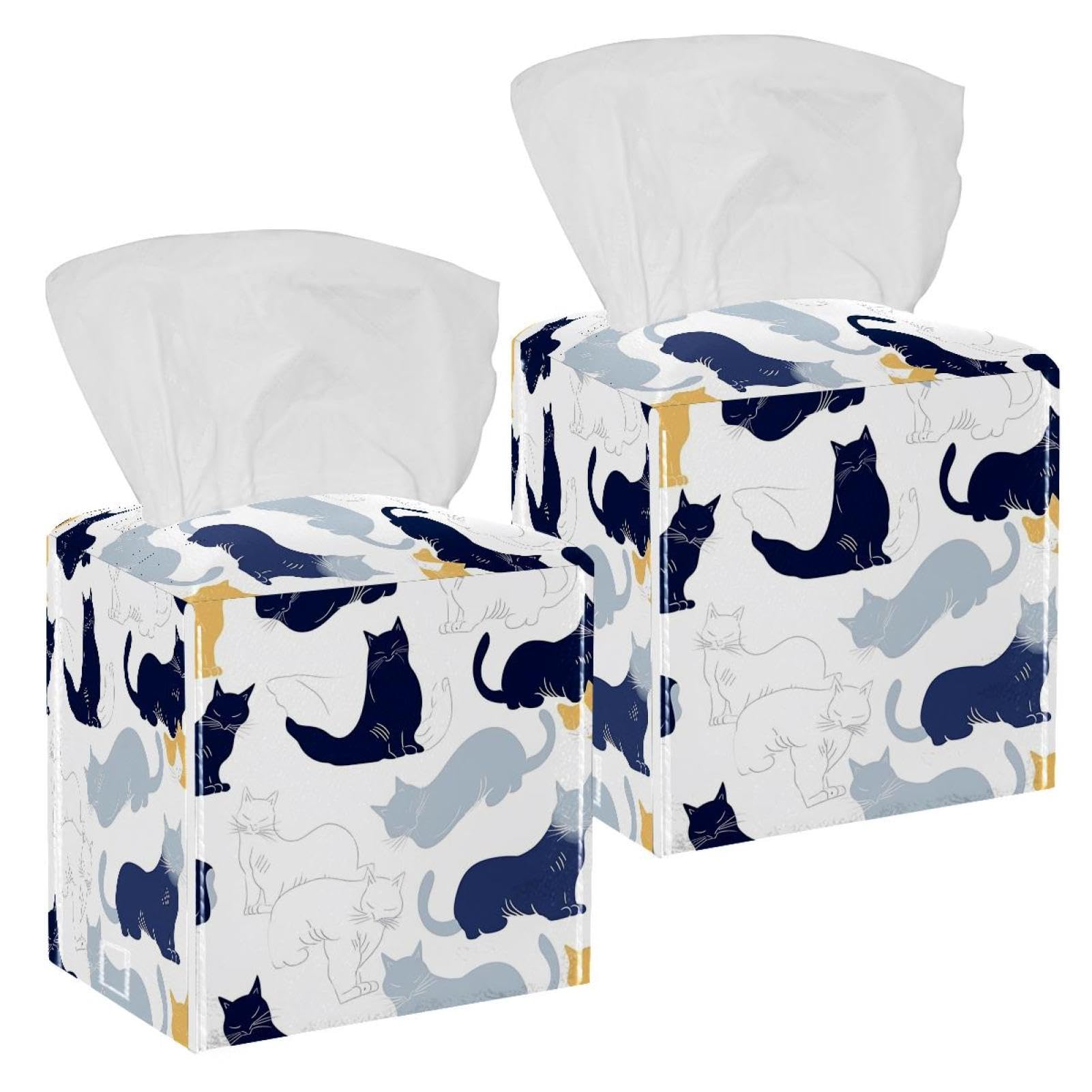 Cats Tissue Box Cover, 2 Pack PU Leather Square Facial Tissue Dispenser Box holder for Home Office Car