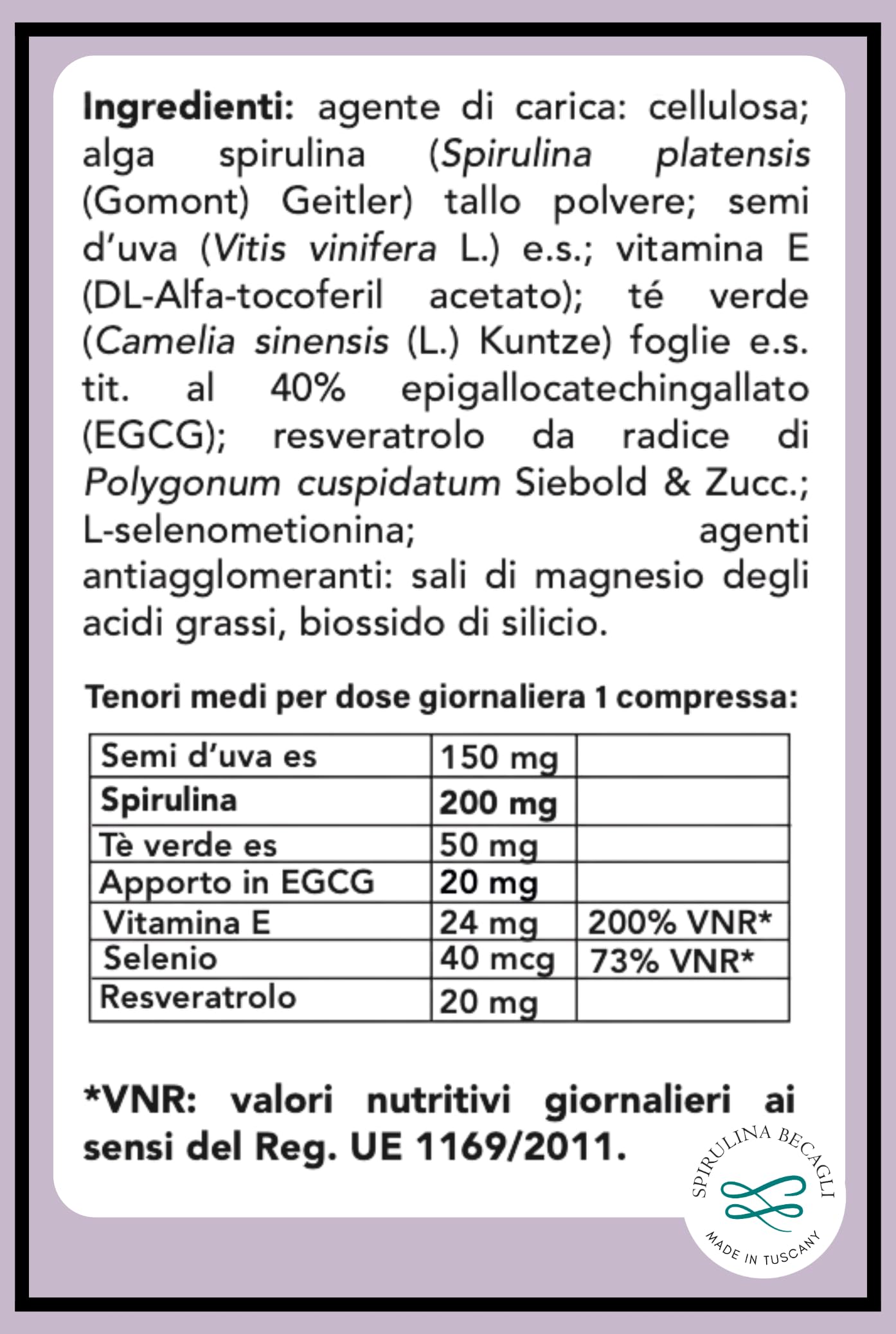 SPIRULINA BECAGLI - Semi d'uva (OPC) e Resveratrolo – Antiossidante per Pelle e Microcircolo con Spirulina, Tè Verde, Vitamina E e Selenio – 60 compresse da 800 mg