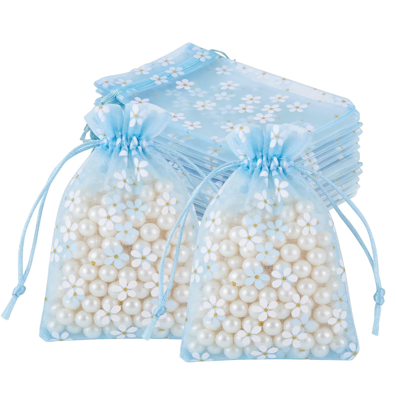 30Pcs Daisy Organza Bags 10x12CM Daisy Small OrganzaBag with Drawstring Organza Gift Bag Mesh Favor Bags for Birthday Wedding Party Baby Shower (Blue) — image 1