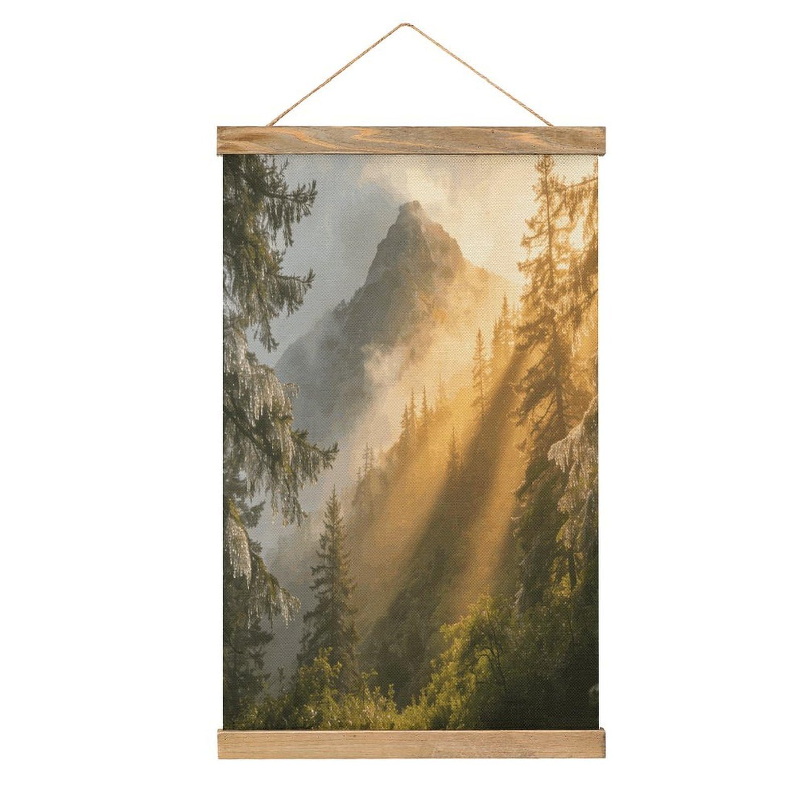 VstaDank Misty Forest Mountain Hanging Poster with Wooden Frame Modern Linen Hanging Painting Retro Style Wall Decor Art Painting for Living Room,Bedroom Decor Poster Frame 20.4x13.1inch