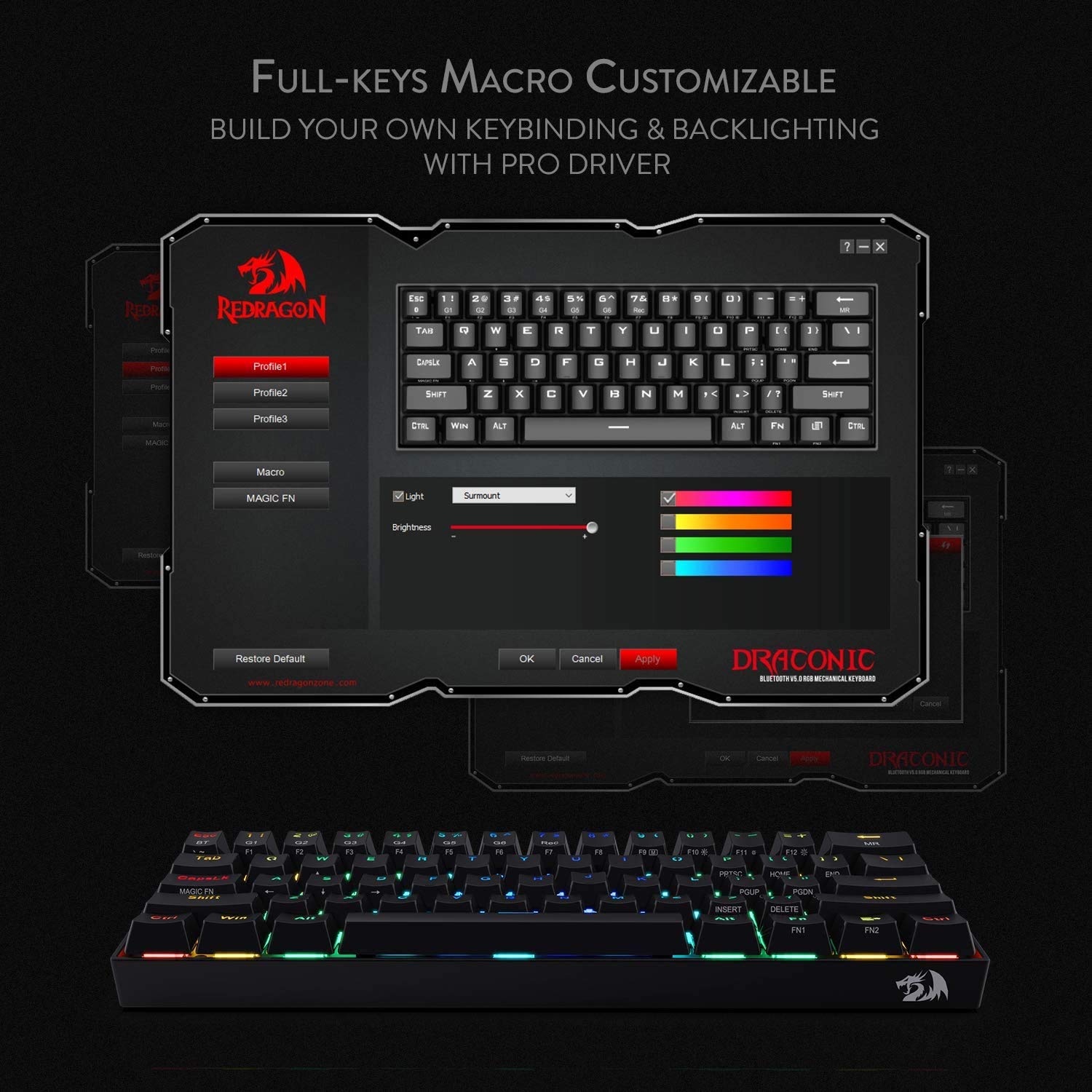 Redragon K530 Draconic 60 Compact RGB Wireless Mechanical Keyboard, 61