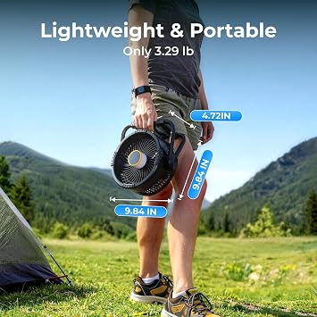 BougeRV Portable Fan Rechargeable, 20000mAh Battery Powered Fans with 4 Wind Speeds Hook Brighter Light LCD Display 270 Rotatable for Camping, Tent, Outdoors, Office, Travel, RV, Black