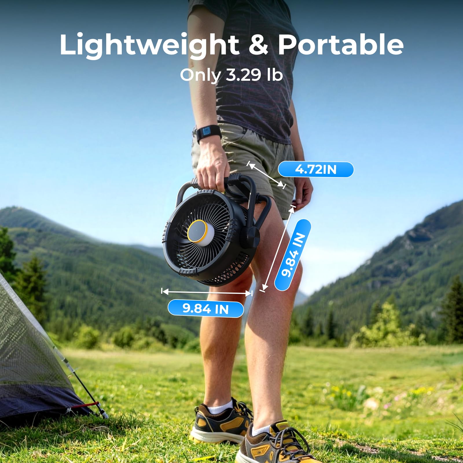 BougeRV F01 Ventilatore Portatile Ricaricabile Batteria 20000mAh, Staffa in Metallo, USB Silenzioso e Potente con Luce LED e App per Tavolo, Auto, Camper, Furgone o Terrazza Esterna,Nero