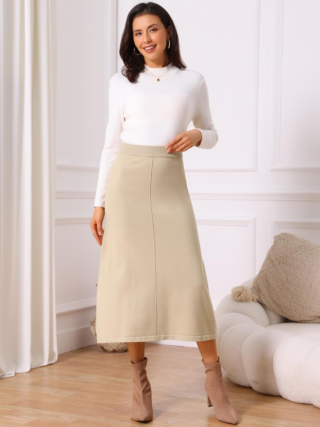 Seta T Women's Sweater Skirt Elastic High Waist Stretchy Ribbed Knit A-Line Midi Skirts Fall Winter Outfits - Image 5