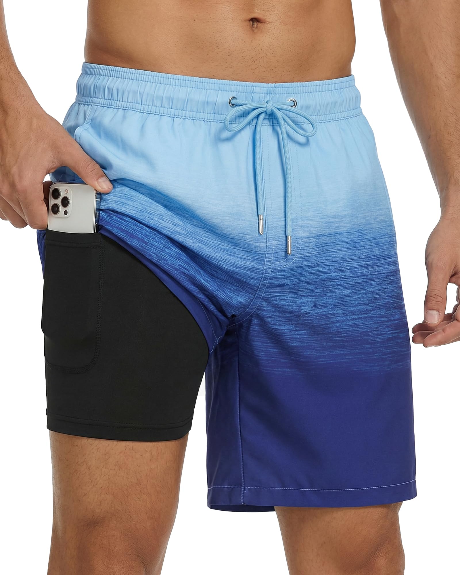 Justay Mens Swim Trunks with Compression Liner 2 in 1 Quick Dry Board Shorts Bathing Suit Swimming Trunks