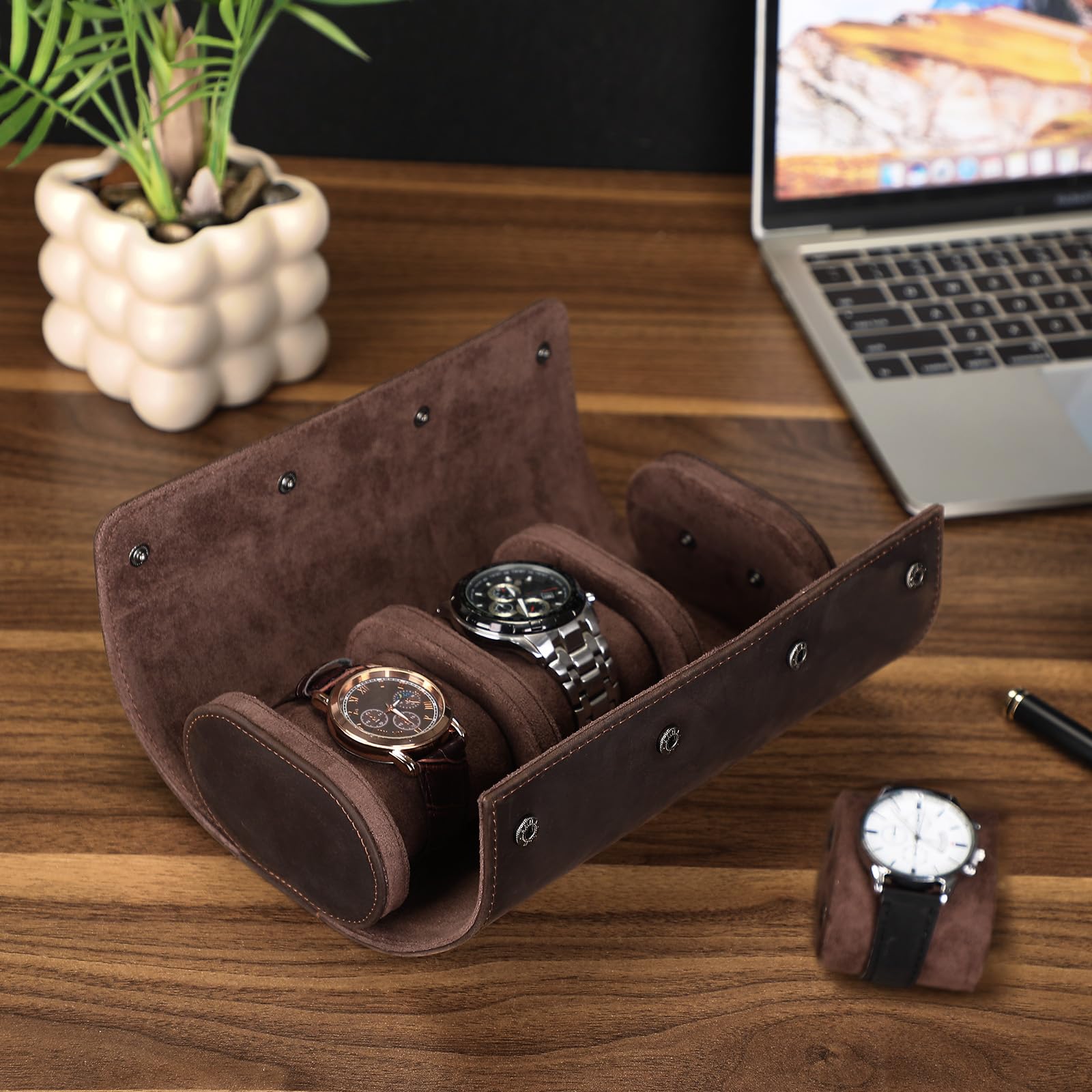 BAIGIO Custodia per 3 Orologi in Pelle, Scatola per Orologio Cilindrico, Porta Orologi da Viaggio Uomo Donne, Orologio Cofanetto Scatola Regalo Espositore da Polso, Watch Box Organizer, Caffè