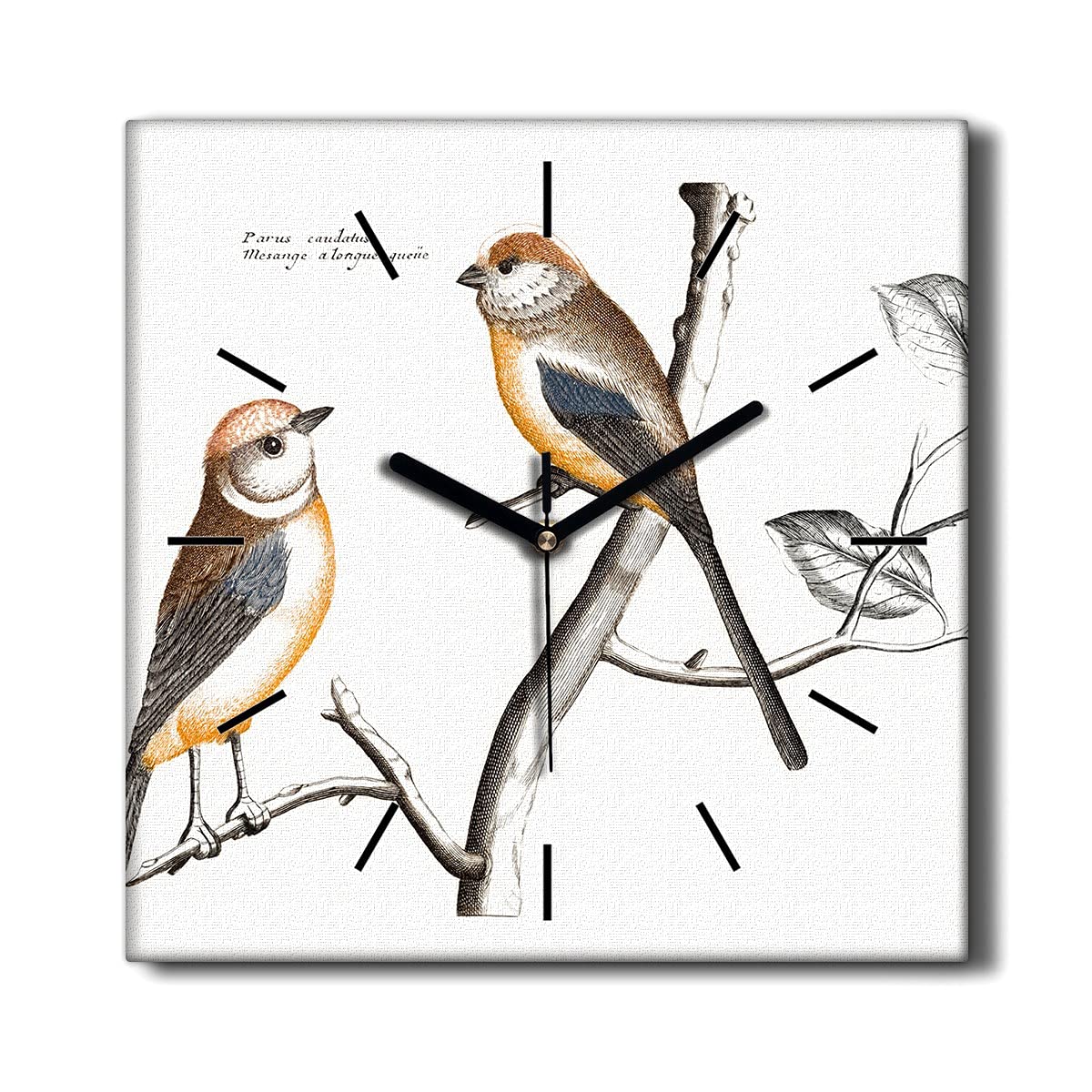 Horloge sur toile 30x30 cm Branche d'oiseaux silencieuse pour salon