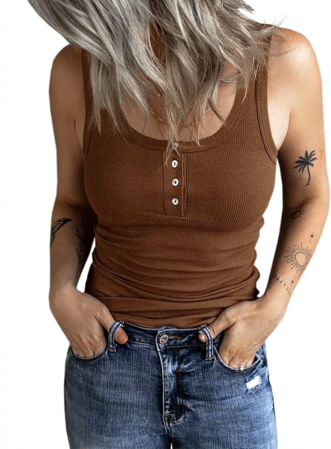 Fessceruna Damen Tops Sexy Tanktop Ärmellos Sommer Oberteil | U-Ausschnitt, Einfarbig, Gerippt Sommertop, Camisole Shirt mit Knöpfen, Elegant Träger-Tops