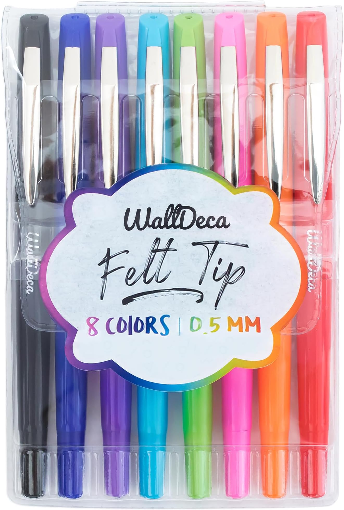 WallDeca Felt Tip Pens, Fine Point (0.5mm), Assorted Rainbow Colors, 8 Count | Made for Everyday Writing, Journals, Notes and Doodling (8-Pack) (8 Pack)