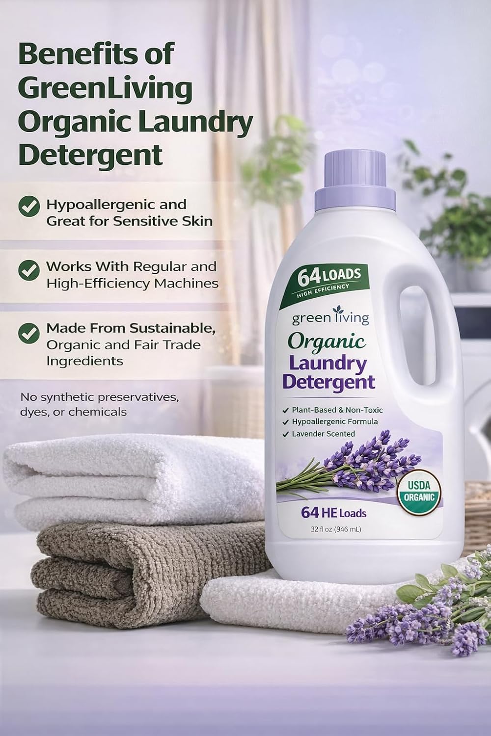 Organic Eco Friendly,Laundry Detergent Liquid, USDA Certified Plant-Based & Non-Toxic, 4X Concentrated HE Formula, Hypoallergenic for Sensitive Skin, 64 Loads, Lavender Scent image 2