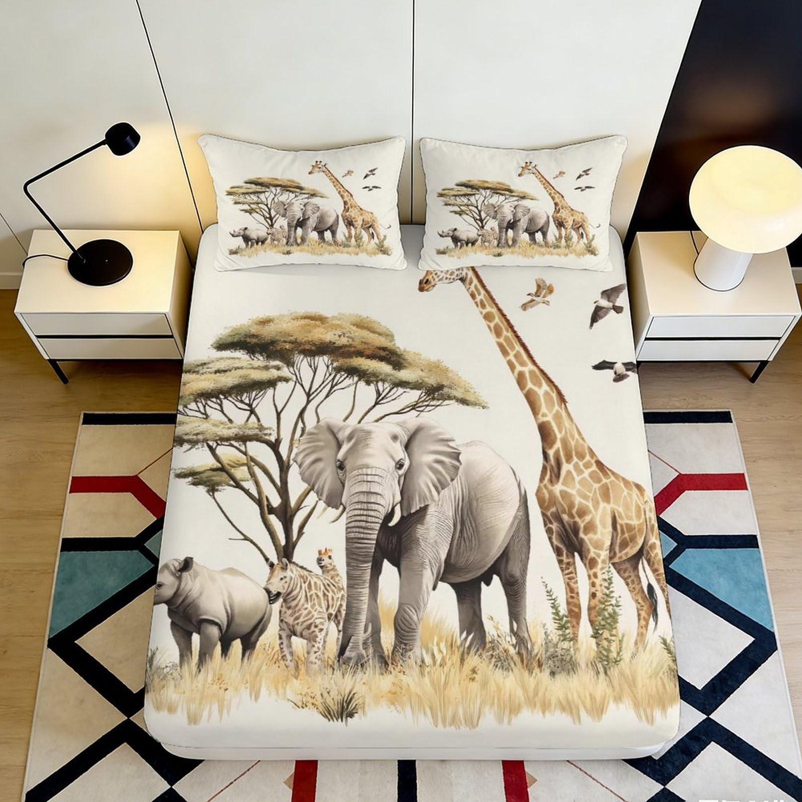 3D Printed African Safari Fitted Sheet Microfiber Soft Breathable Wildlife Bed Cover for Bedroom Dormitory Guest Room Mattress Protection Decor 160x200x25cm