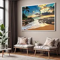 Quadro com Moldura Sala Quarto 90x60 Nascer do Sol Praia Pedras Decorativo Horizontal Grande Hall