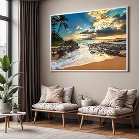 Quadro com Moldura Sala Quarto 90x60 Nascer do Sol Praia Pedras Decorativo Horizontal Grande Hall