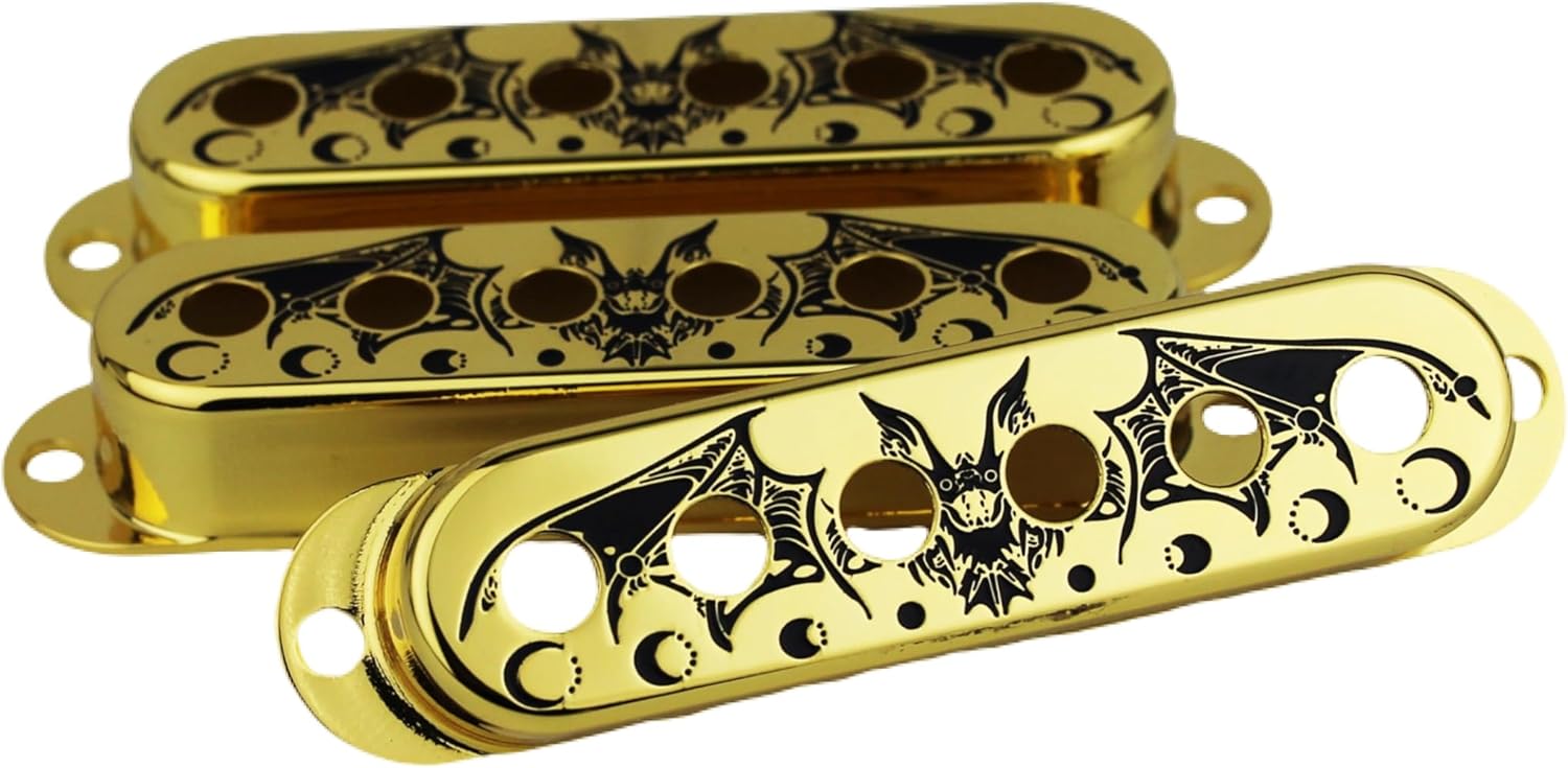 Guyker Guitar Pickup Covers 3Pcs Single Coil (52mm Pole Spacing), Copper Pickup Mounting Ring Set Guitar Accessories Replacement Part Bat Pattern Surface, (Gold, PS002)