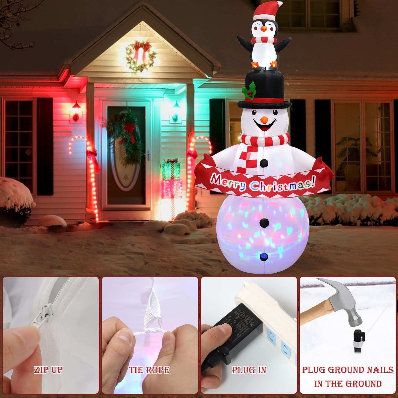 LOMOHOO Aufblasbarer Schneemann-Dekoration, aufblasbarer Schneemann-Pinguine mit eingebauten rotierenden bunten LED-Lichtern, Outdoor-Weihnachtsdekoration für Hof, Garten, Rasen, Veranda, Urlaub