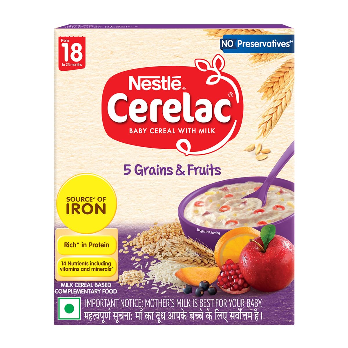 CERELAC Baby Food Cereal | 5 Grains & Fruits for 18 to 24 Months Baby | Source of Iron & Protein | Instant Baby Food Cereal | 300g