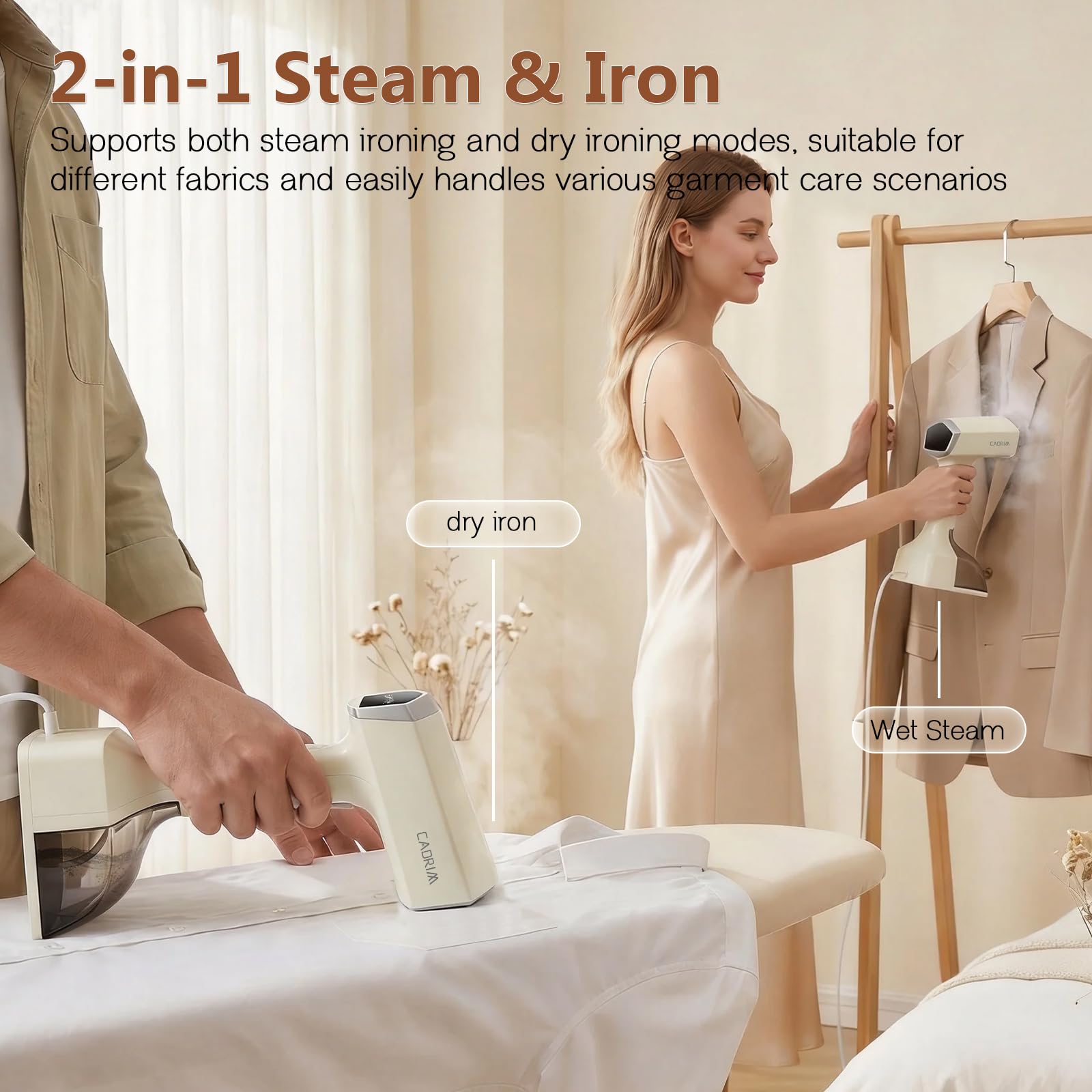 Cadrim Steamer - Ferro da stiro a vapore, 2000 W, serbatoio dell'acqua da 350 ml, portatile, con 3 livelli di vapore, ferro da stiro da viaggio per casa, ufficio, viaggi (bianco)