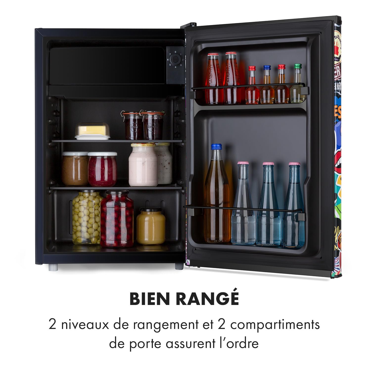 KLARSTEIN Cool Vibe - réfrigérateur, classe d'efficacité énergétique E, porte avec sticker imprimé BD, compartiment congélateur, bac à glaçons, niveau sonore: 42dB, 70L - noir