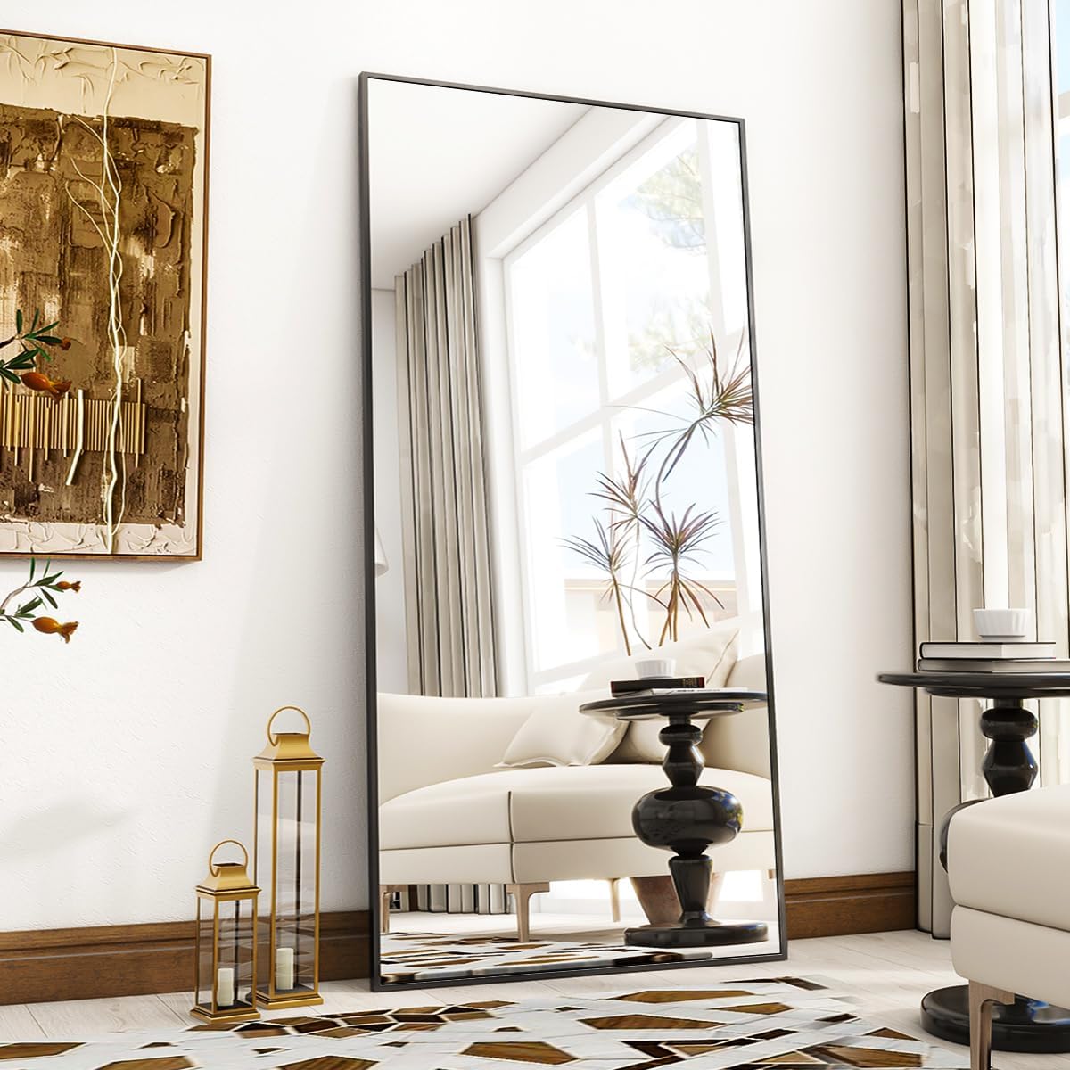 VooBang Mirror Full Length - 21" x 57" Floor Mirror with Stand, Aluminum Alloy Frame Full Body Mirror, Standing Hanging or Leaning Against Wall for Bedroom and Living Room, Black: Black 71"L x 26"W