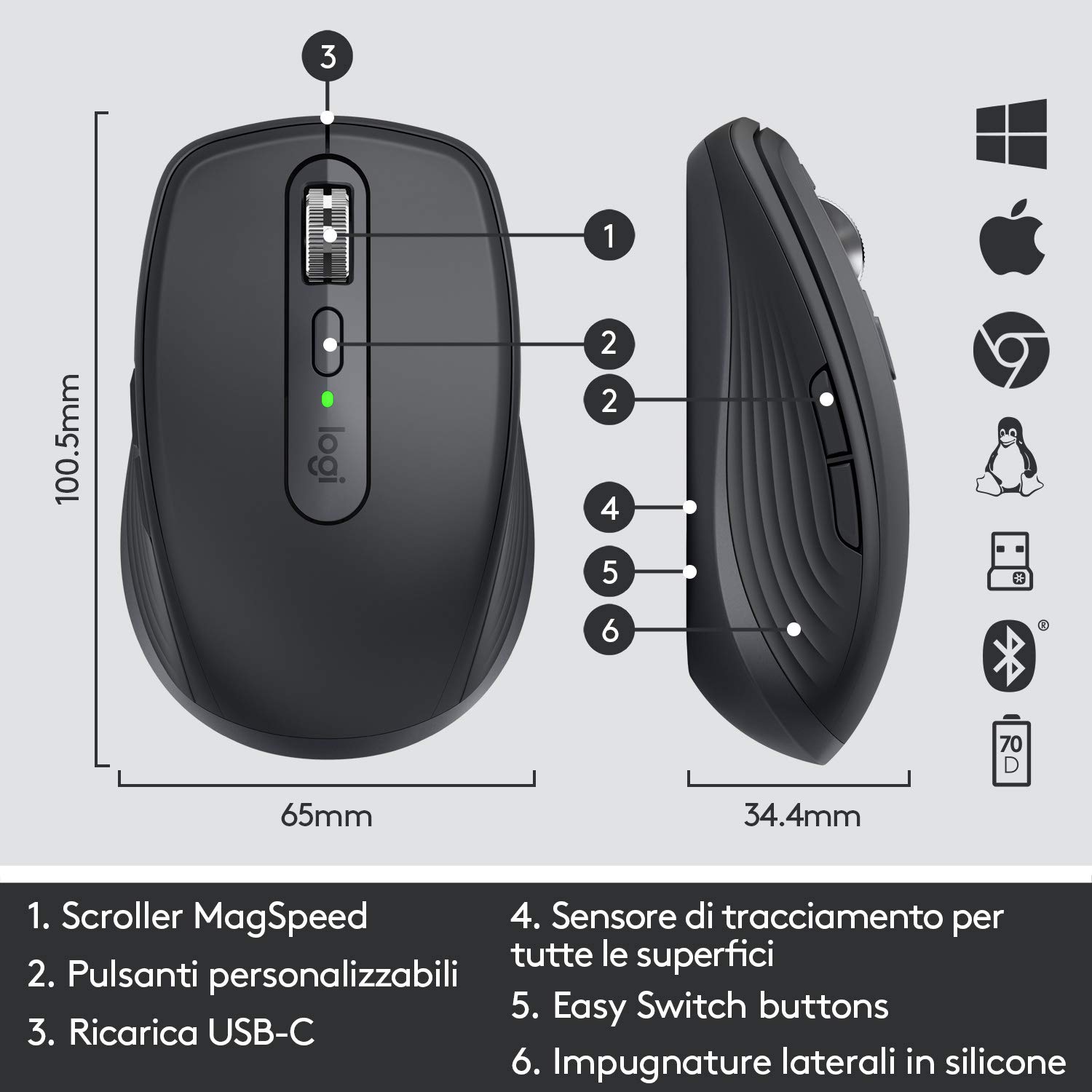 Logitech MX Anywhere 3 Mouse Compatto Performante – Wireless | Scroller Elettromagnetico, Ergonomico, 4000 DPI, Pulsanti Custom, USB-C, Bluetooth, Mac, iPad, Windows, Linux, Chrome - Nero