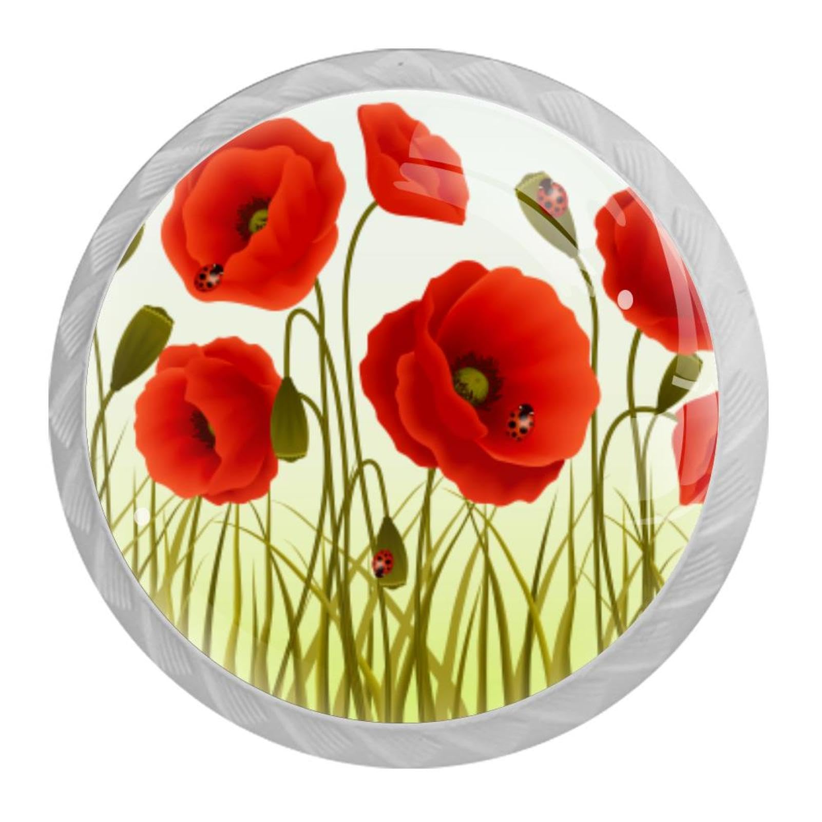 Tqmspg 4 Pieces Drawer Pulls Ladybugs Red Poppy Door Knobs Dresser Handles for Kitchen Wardrobe Cupboard Hardware Furniture