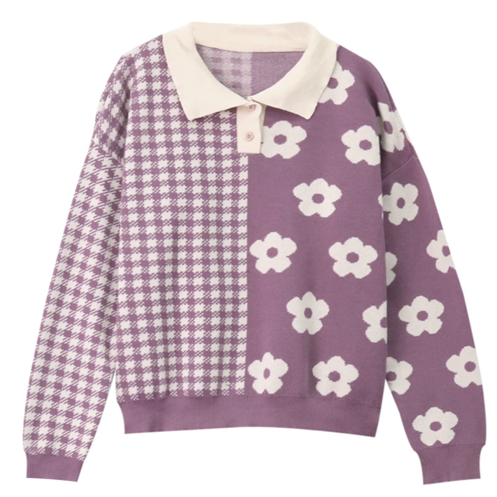 YEMOCILE Womens Kawaii Color Block Sweaters Cute Plaid Collared Pullover Sweatshirts