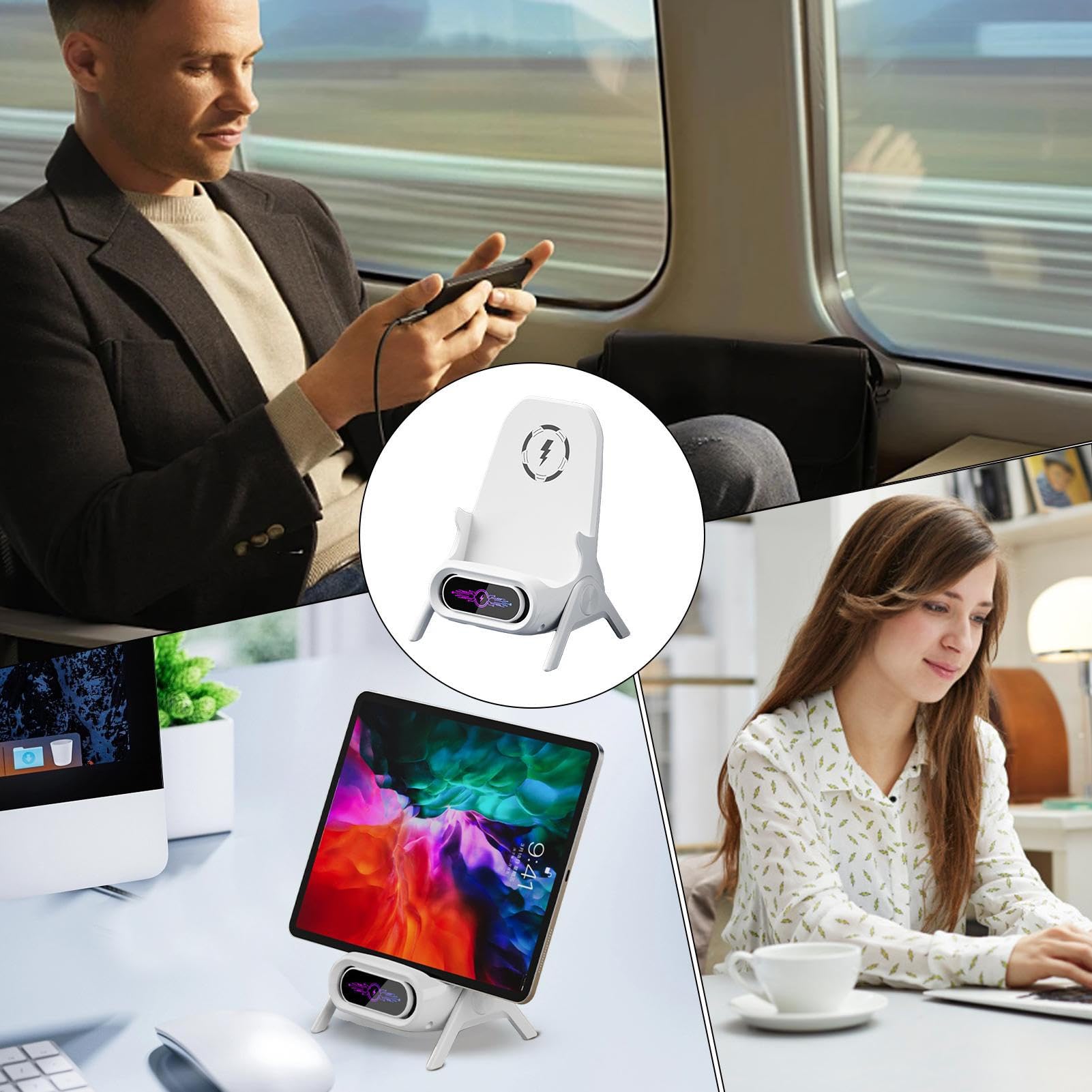 Cargador inalámbrico | Soporte para teléfono móvil para mesa, cargador rápido de 15 W para tabletas con soporte magnético, soporte en diseño de sillón para escritorio y tocador