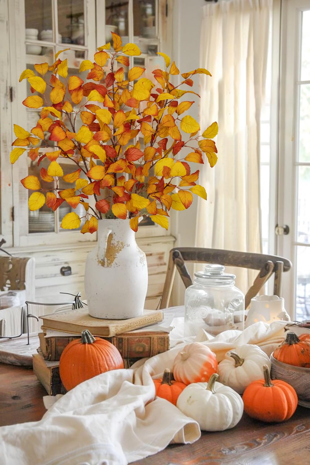 Lot De 3 Branches Feuilles D'Automne Artificielles - 40 Cm, Déco Vase, Table, Arrangement Floral - Tons Verts, Orange, Rouge