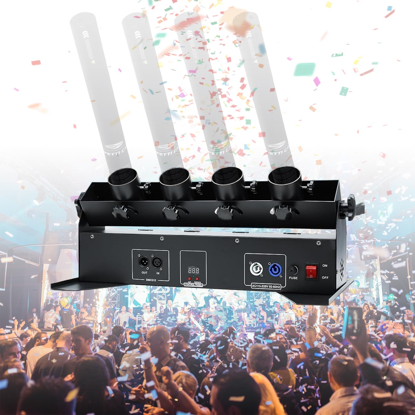 Lanciatore di Coriandoli Elettrico Professionale a 4 Colpi con Dmx512/Telecomando, Cannone Spara Coriandoli per Matrimoni, Discoteche, Spettacoli, Club, Feste sul Palco