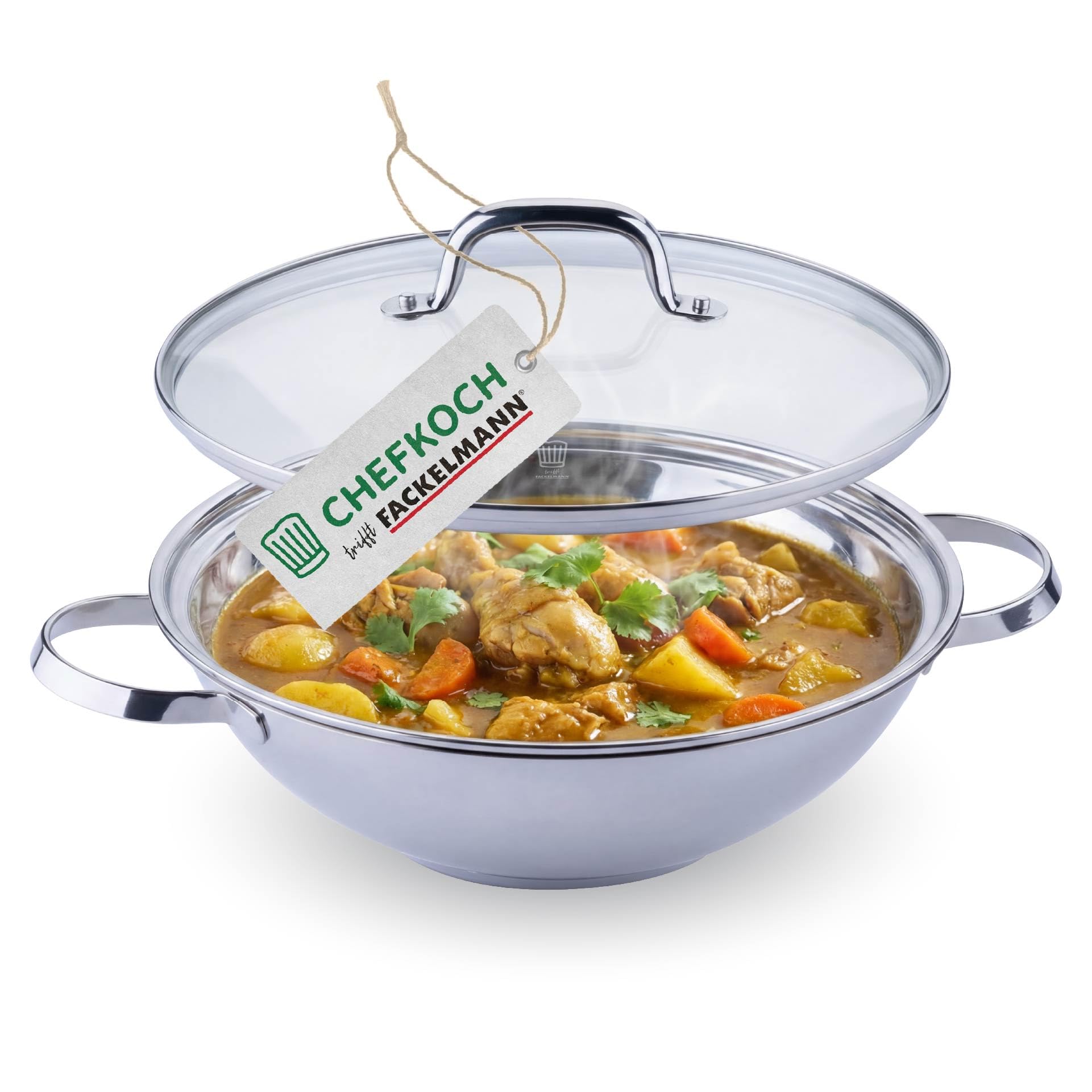 FACKELMANN Chefkoch trifft Wokpfanne Rosenheim – Ø30 cm, Glasdeckel inkl. Dampföffnung und Aluminiumkern, Aus Edelstahl mit hitzebeständigem Gussgriff, für alle Herdarten, Spülmaschinengeeignet