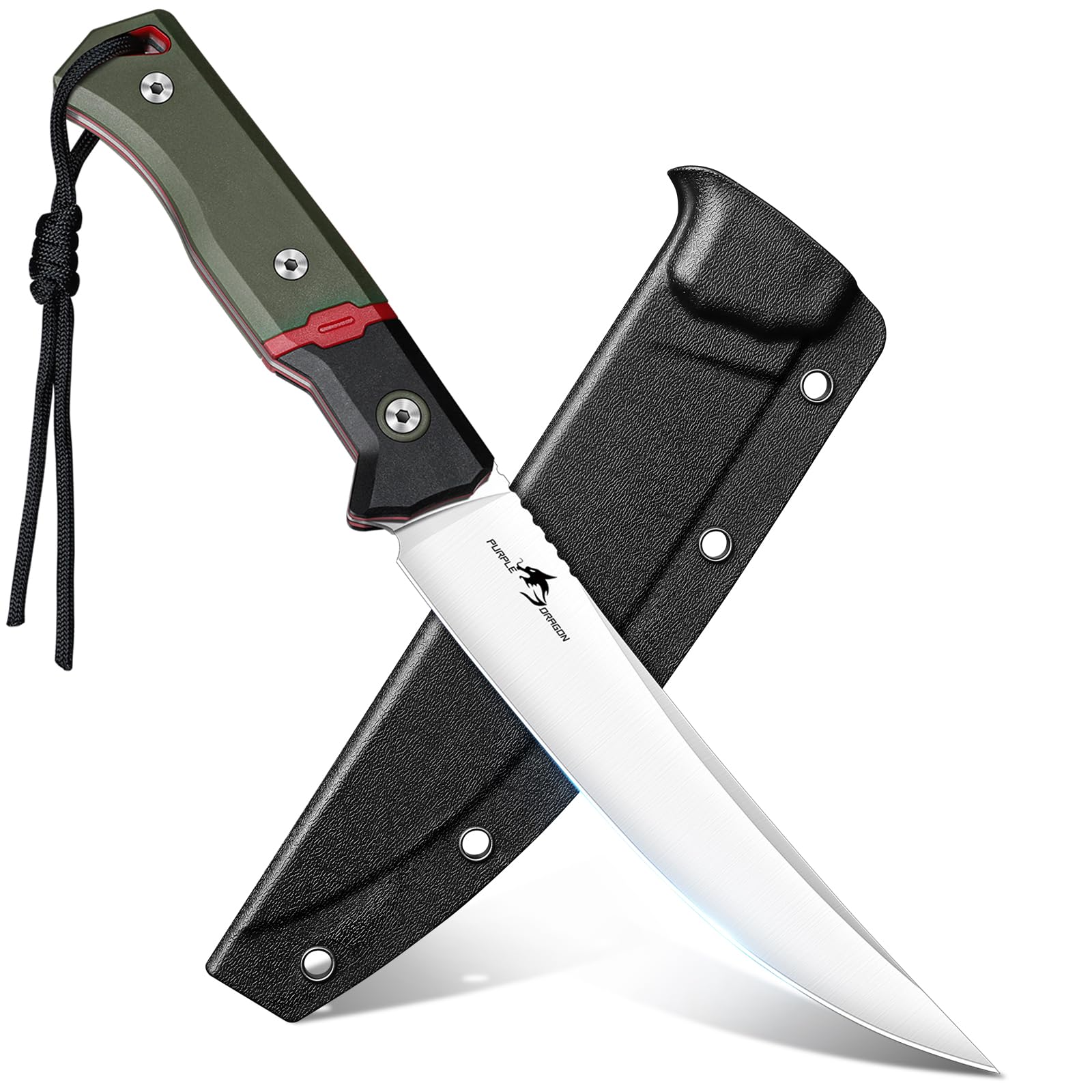 Purple Dragon Jagdmesser D2 Stahl,11 Inch Outdoor Messer Grün G10-Griff | Feststehende Klinge Full-Tang Survival Messer Kydex Scheide für Camping, Bushcraft & Fleischverarbeitung Geschenk für Männer