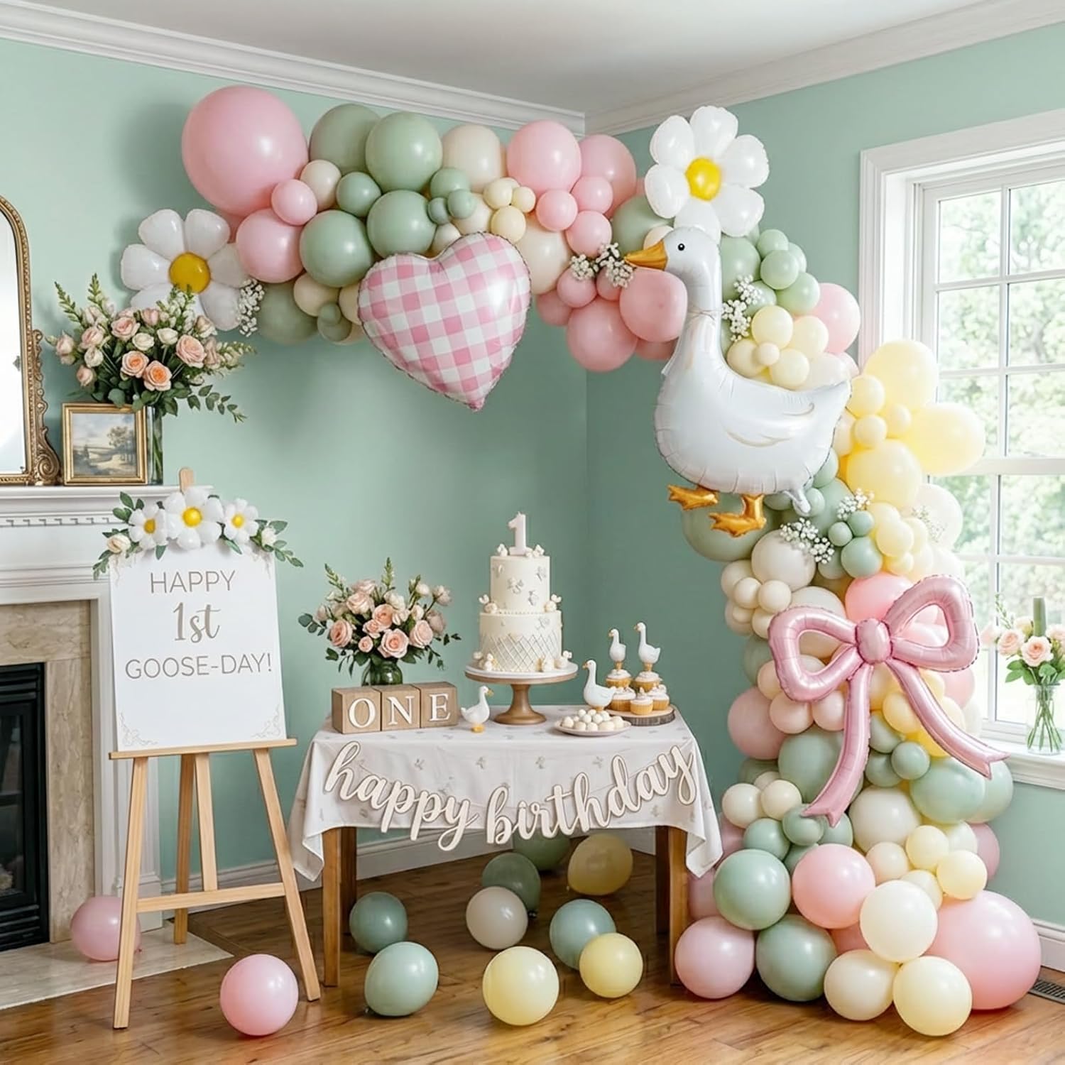 Vintage One Silly Goose Party Decor - Pastel Yellow Pink Green Balloon Arch with Daisy Gingham Heart & Bow Balloons, Cute Goose Theme Birthday Party Supplies for Baby Shower, Girl Boy 1st Bday