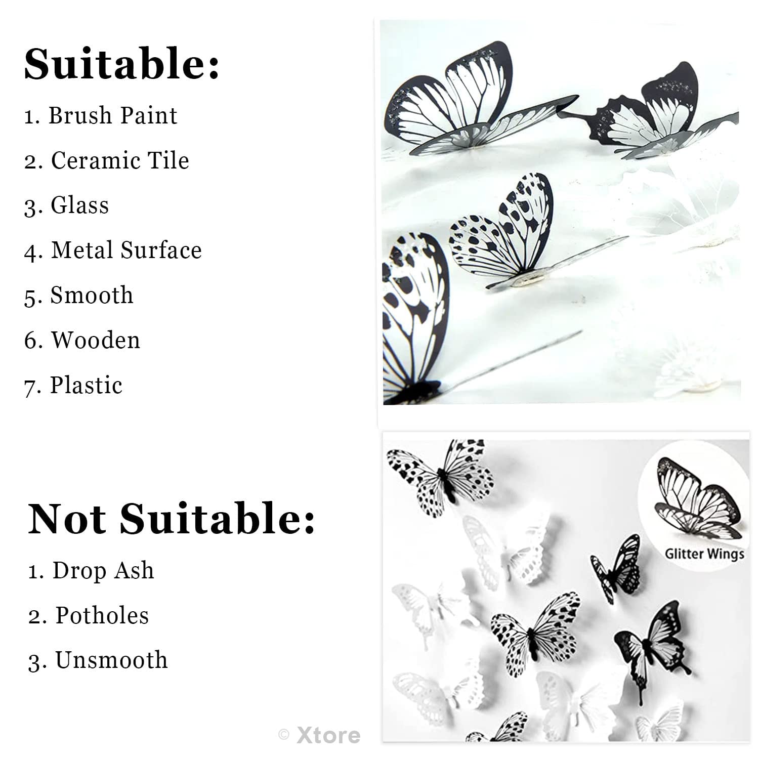 Xtore 18 pcs 3D Home Decor Black & White Shiny Butterfly | Beautiful Decor Item | Comes with Sticking pad - (Set of 18, Black & White) 1
